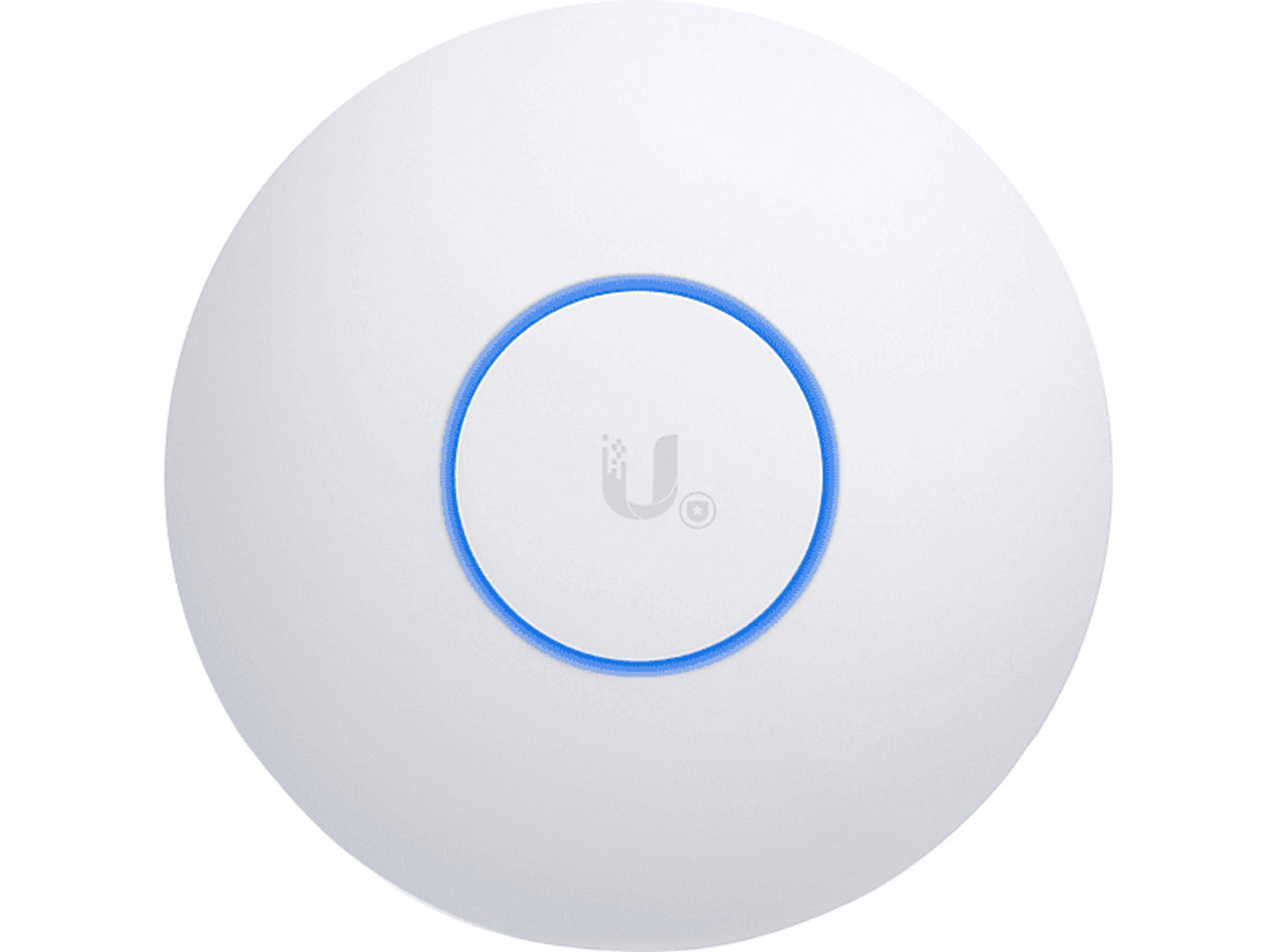 Biały punkt dostępu Ubiquiti. Ma niebieski pierścień świetlny wokół środka i białą ramkę.