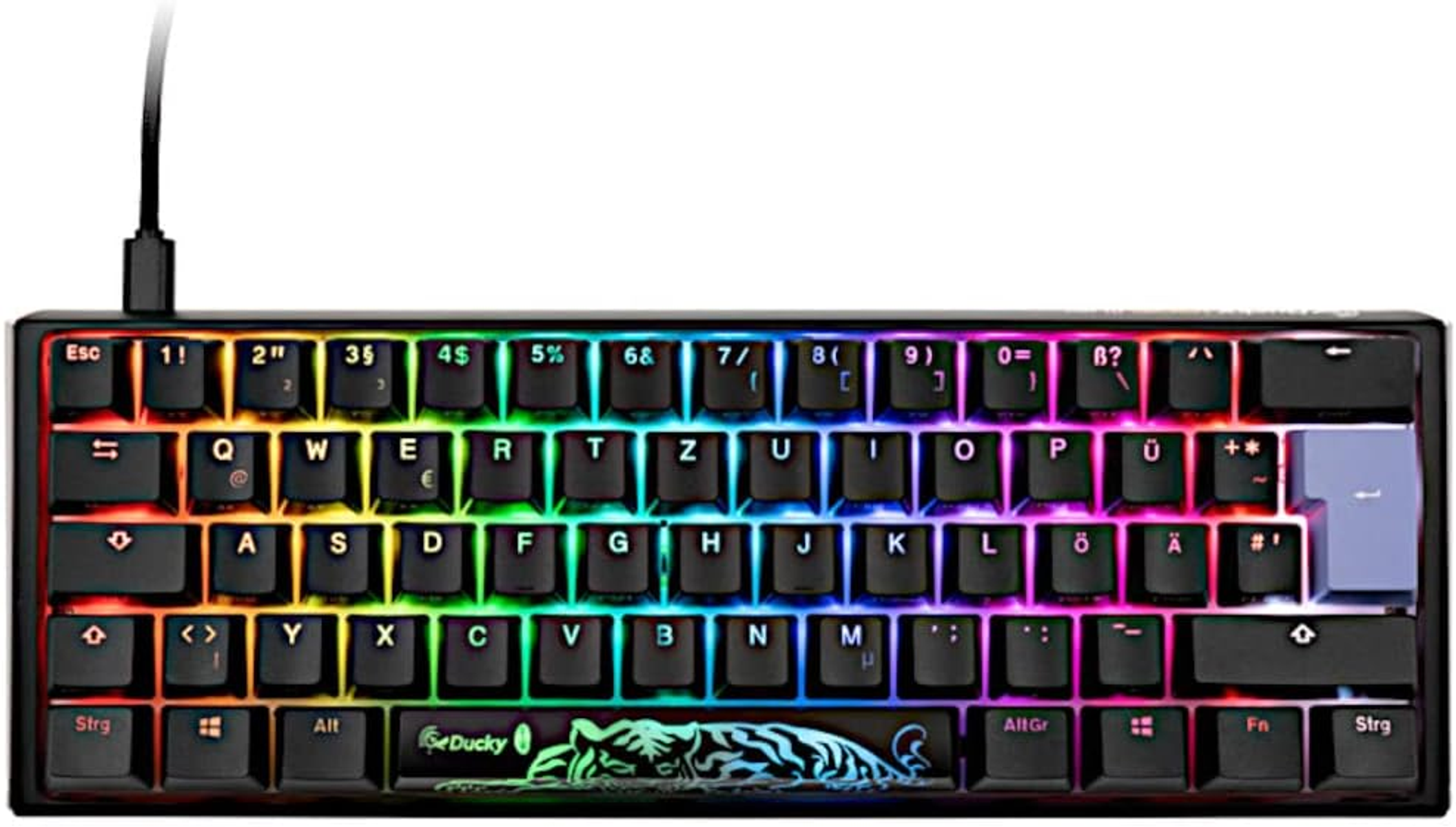 Tastiera nera con tasti neri e illuminazione colorata. Ha il marchio Ducky e un design a tigre.