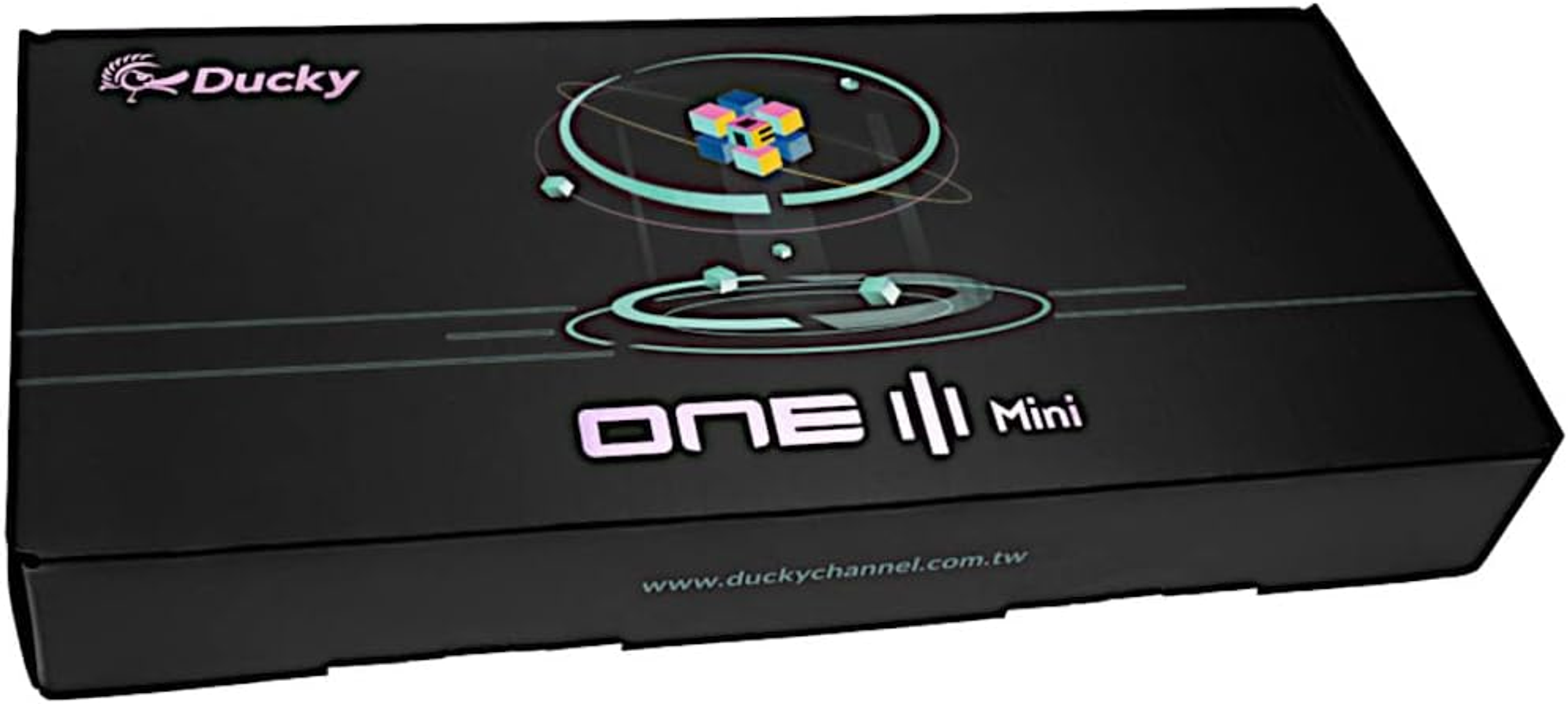 Scatola nera con logo Ducky e marchio One 2 Mini. Grafica di un cubo.