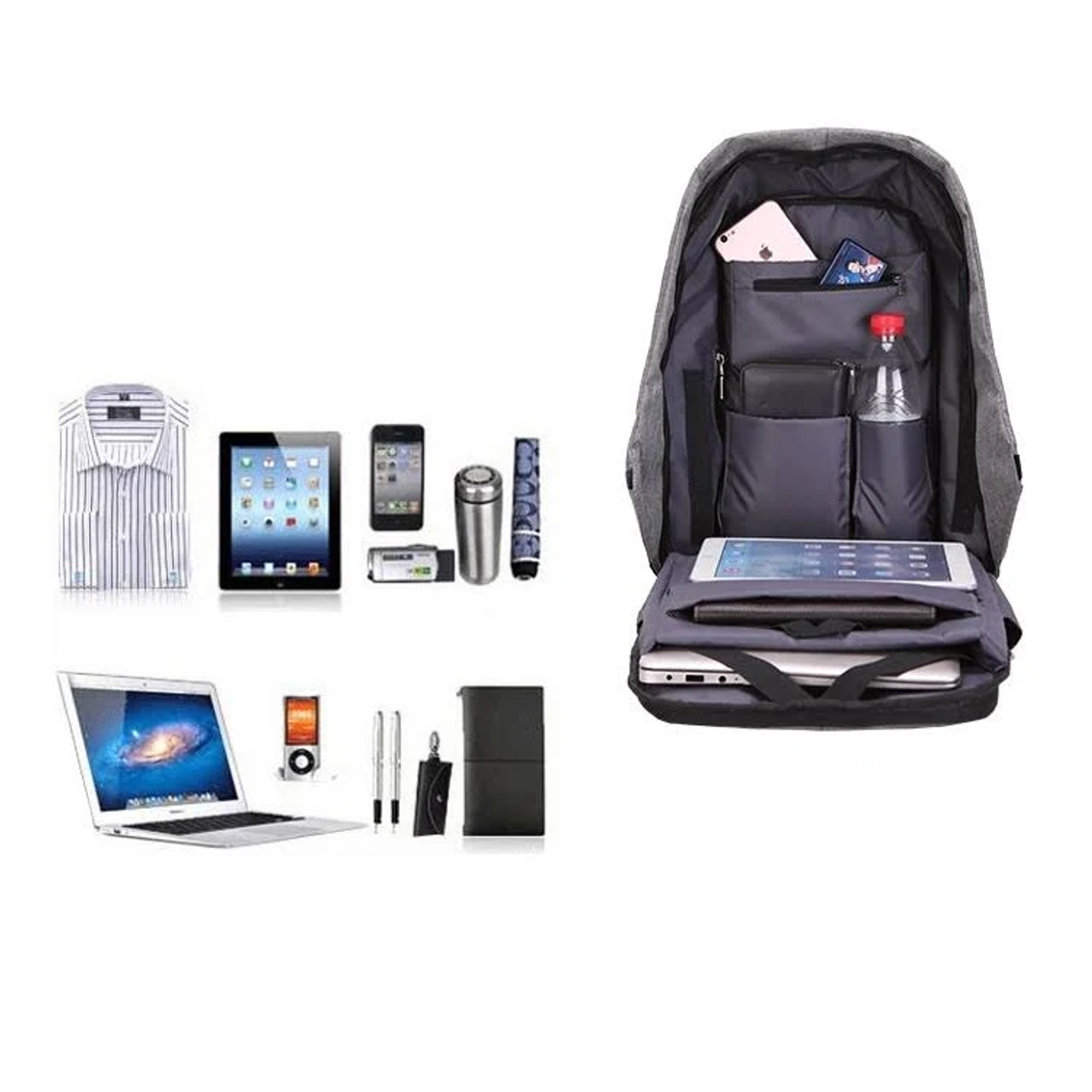 Uno zaino e oggetti come camicia, tablet, telefono, penna, laptop e bottiglia d'acqua sono esposti.
