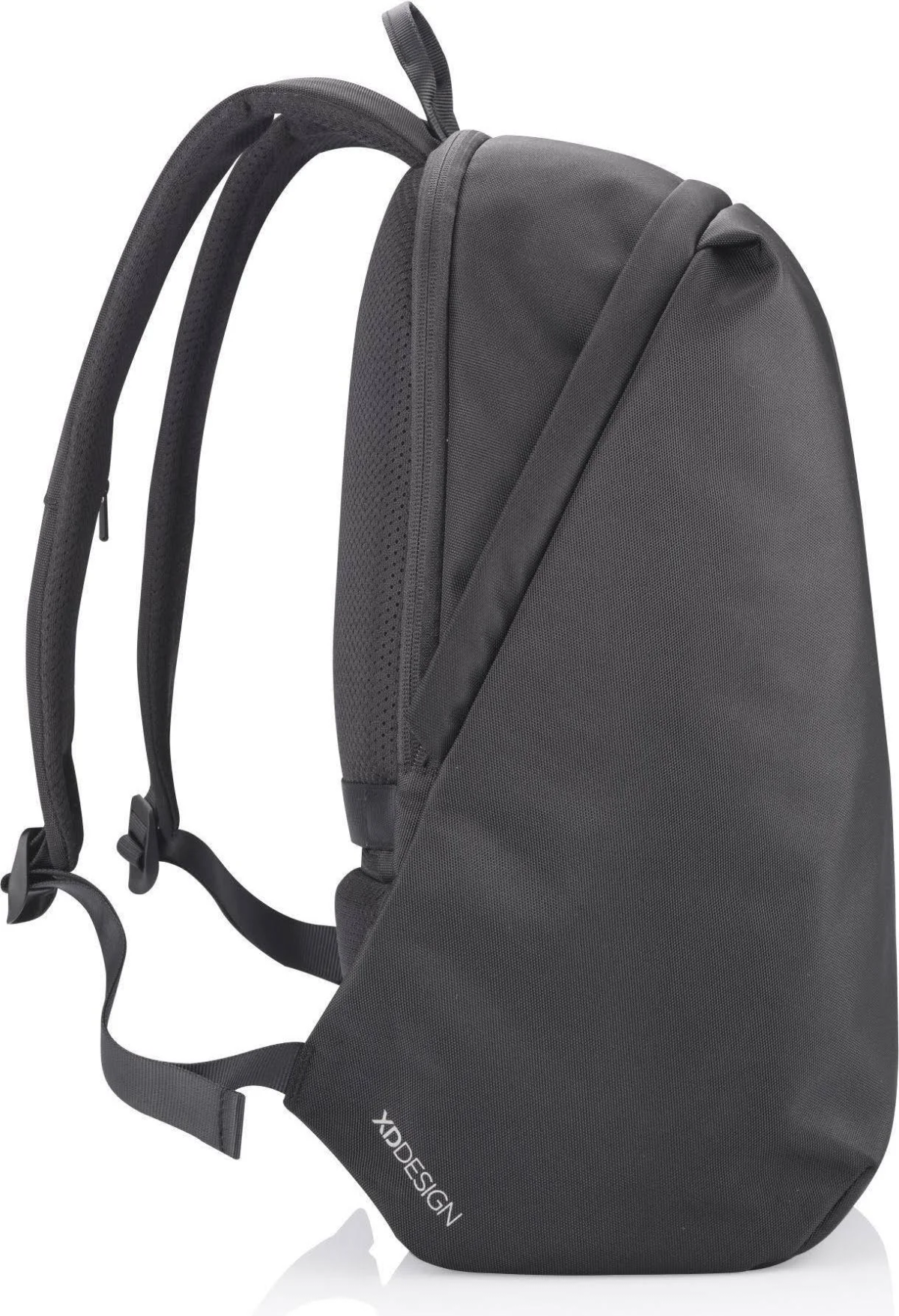 Zaino XD Design nero con spallacci curvi e vista laterale, su sfondo bianco.
