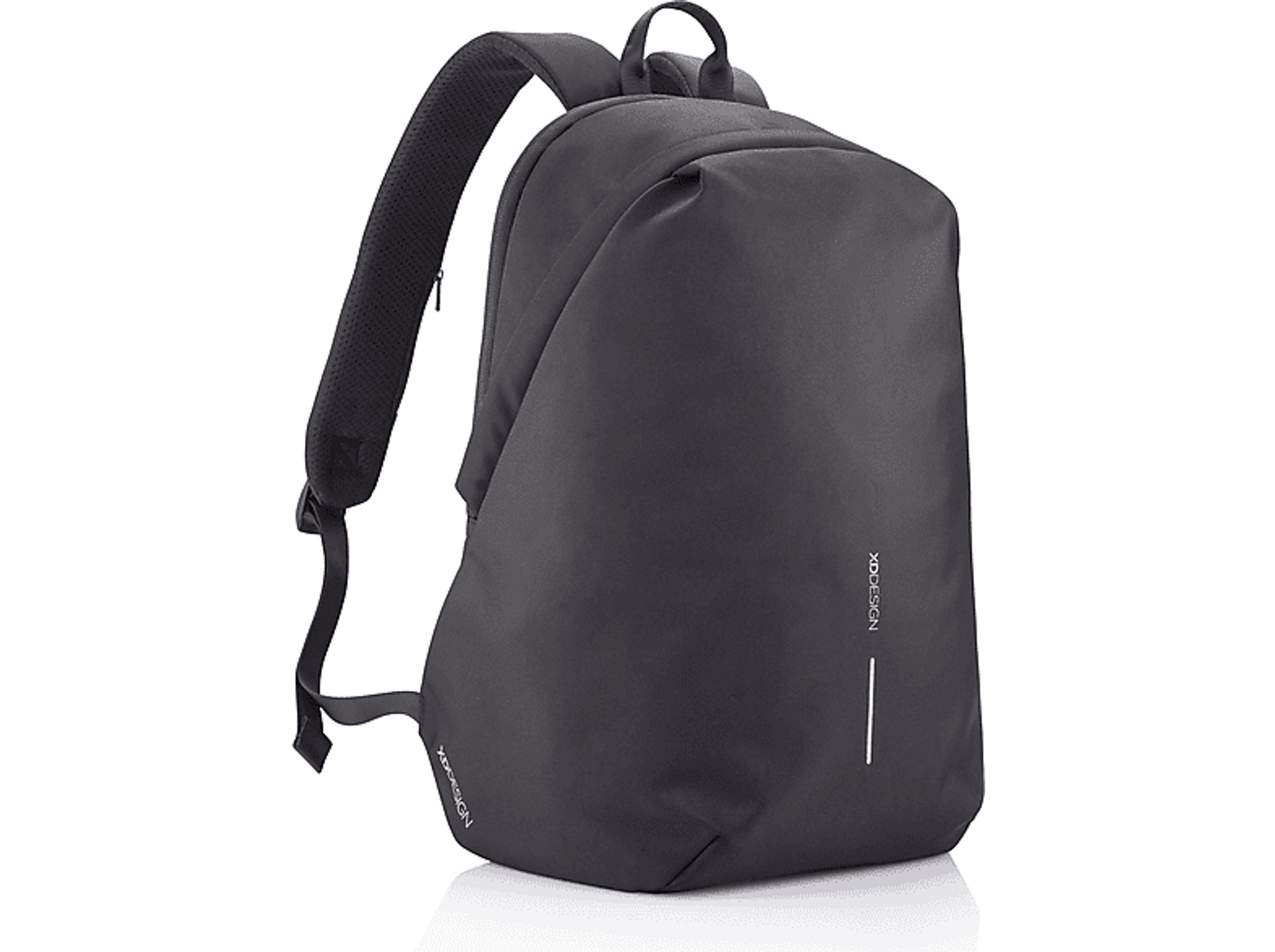 Zaino nero con la scritta Xdesign. Striscia bianca.