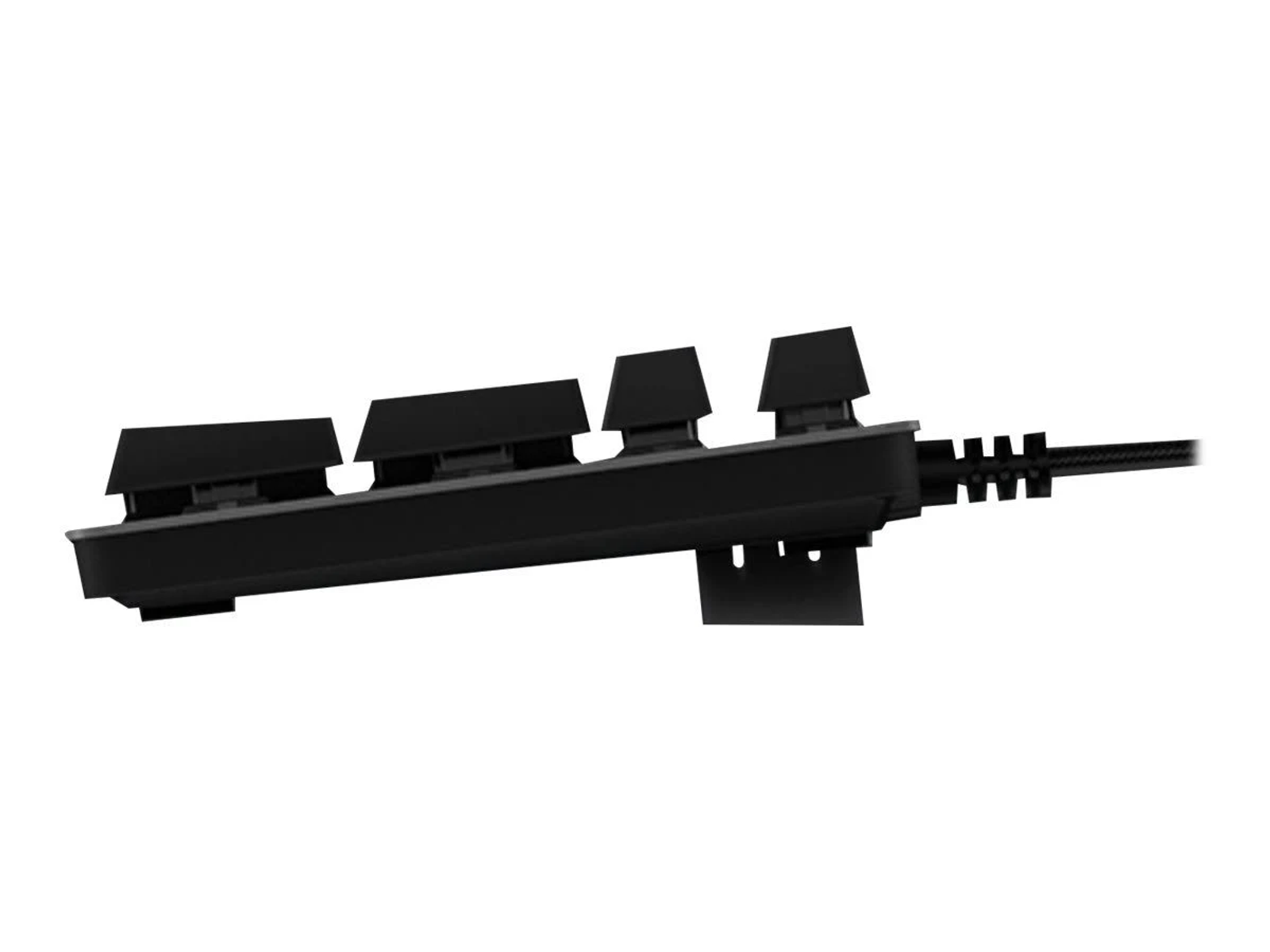 Schwarze Tastatur Seitenansicht. Tasten und Anschlusskabel sind sichtbar. Weißer Hintergrund.