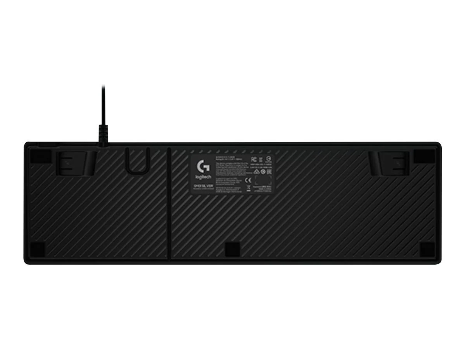 Schwarze Logitech-Tastatur. Die Tastatur befindet sich auf einer weißen Oberfläche. Die Tastatur ist neu.