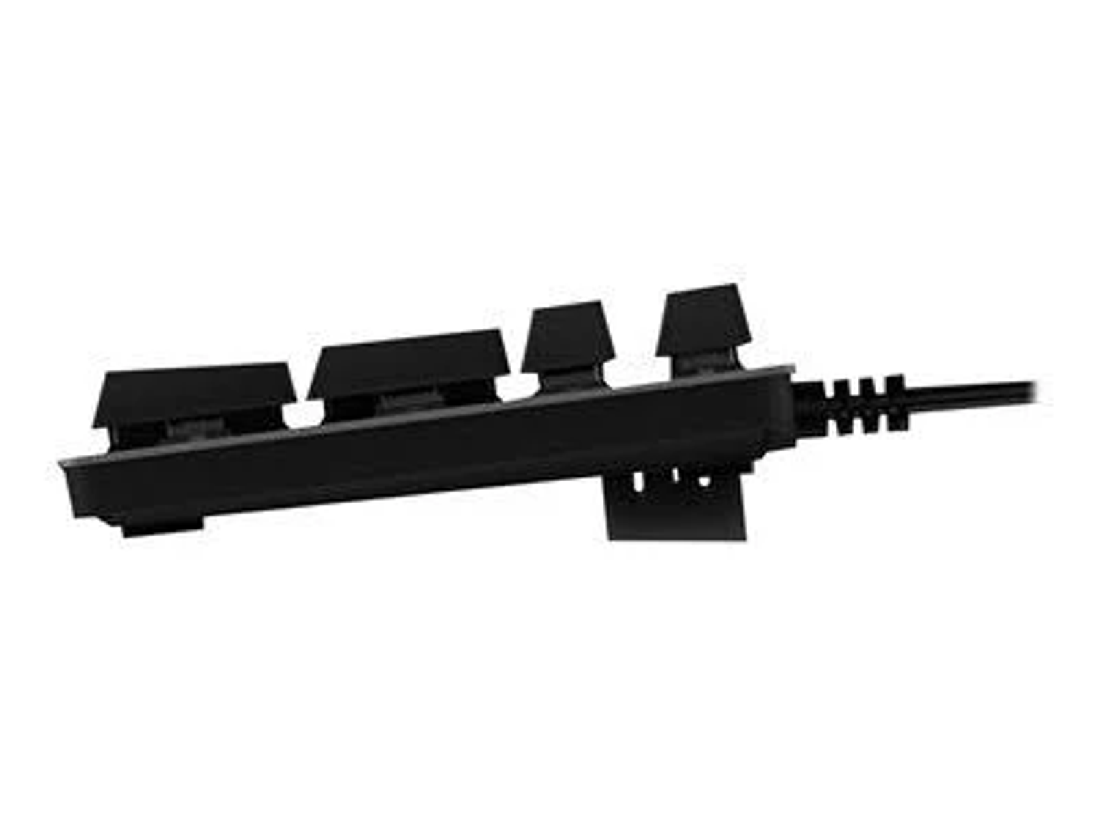 Schwarze Tastaturtasten. Schwarzer Rahmen. Weißer Hintergrund. Die Tastatur hat ein Kabel.