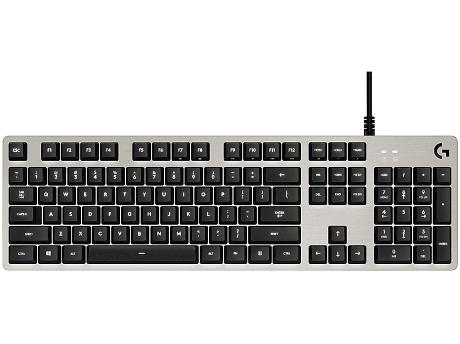 Silber-schwarze Tastatur mit schwarzen Tasten, einem G-Logo und einem schwarzen Kabel.