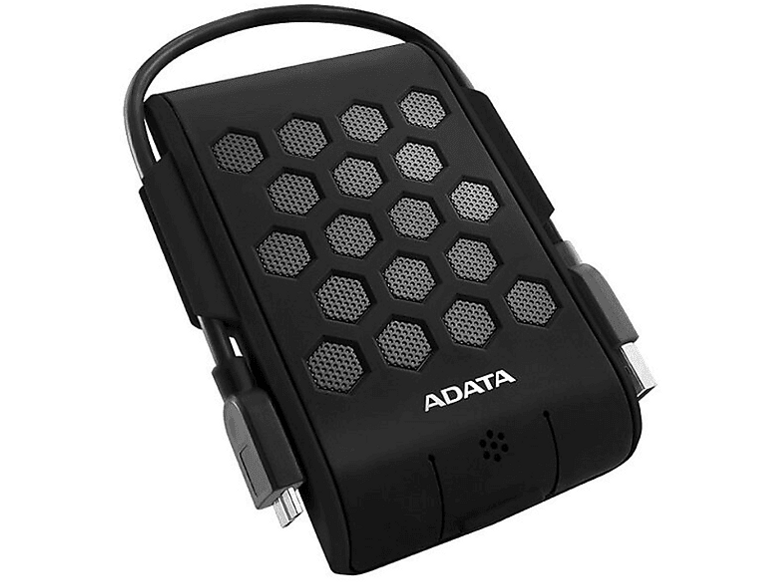 Czarny zewnętrzny dysk twardy ADATA z wzorem plastra miodu na górze i dwoma dołączonymi kablami, na białym tle.