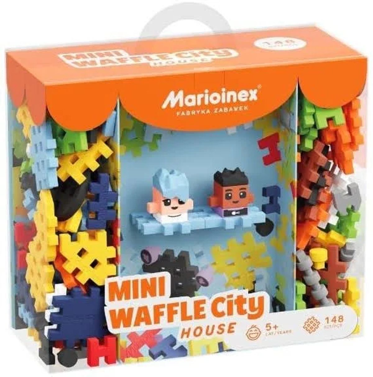 Box-Set mit Spielzeug-Bausteinen. Enthält bunte Kunststoffteile und zwei kleine Figuren.