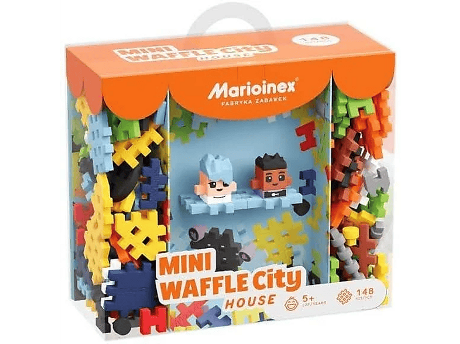 Ein farbenfrohes Box-Set von Mini Waffle City House Bausteinen mit Figuren.