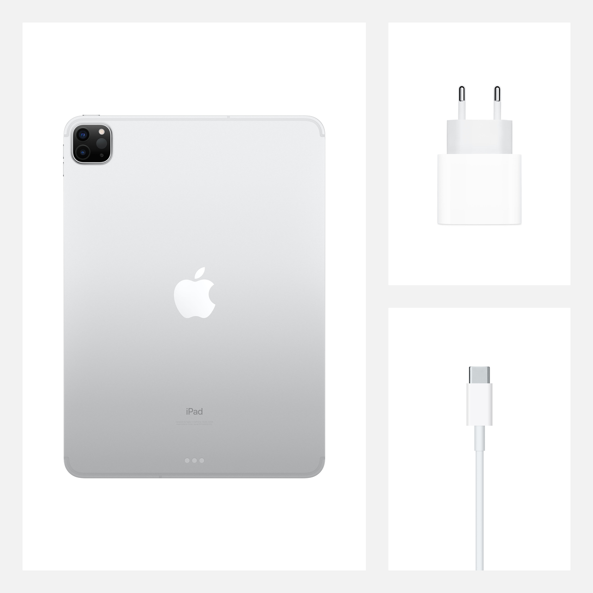 iPad, Ladegerät und Kabel auf Weiß. iPad silberne Rückseite mit Apple-Logo.