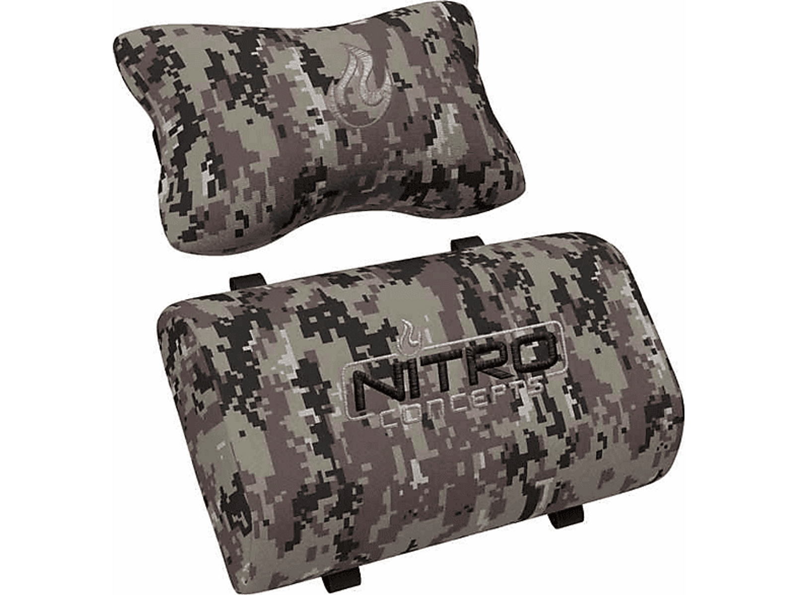 Zwei Camouflage-Nackenstützen von Nitro Concepts, eine zylindrisch, eine klein.