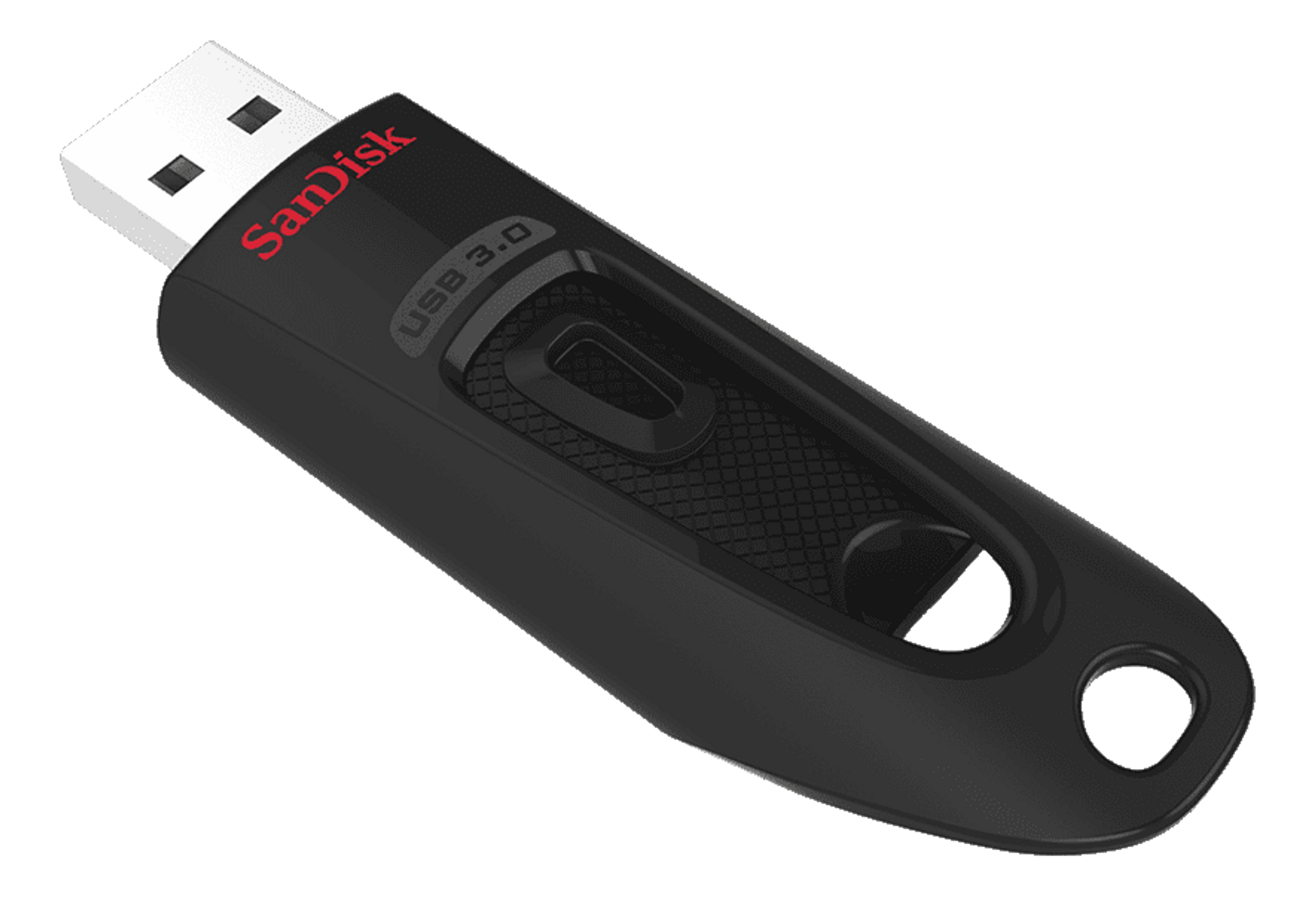 Czarny pendrive USB 3.0 Sandisk, z czerwonym logo Sandisk.
