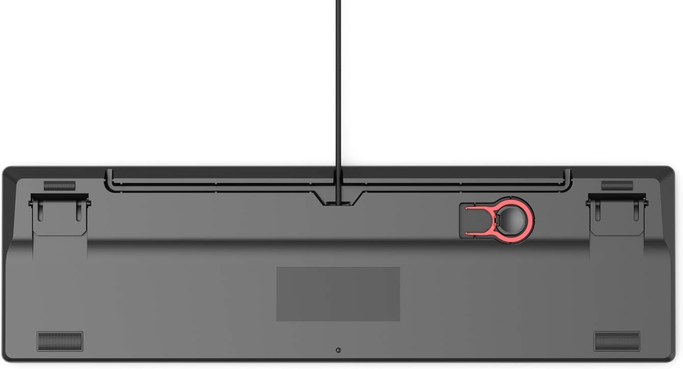 Widok od spodu szarej klawiatury. Czerwony ściągacz do klawiszy po prawej.