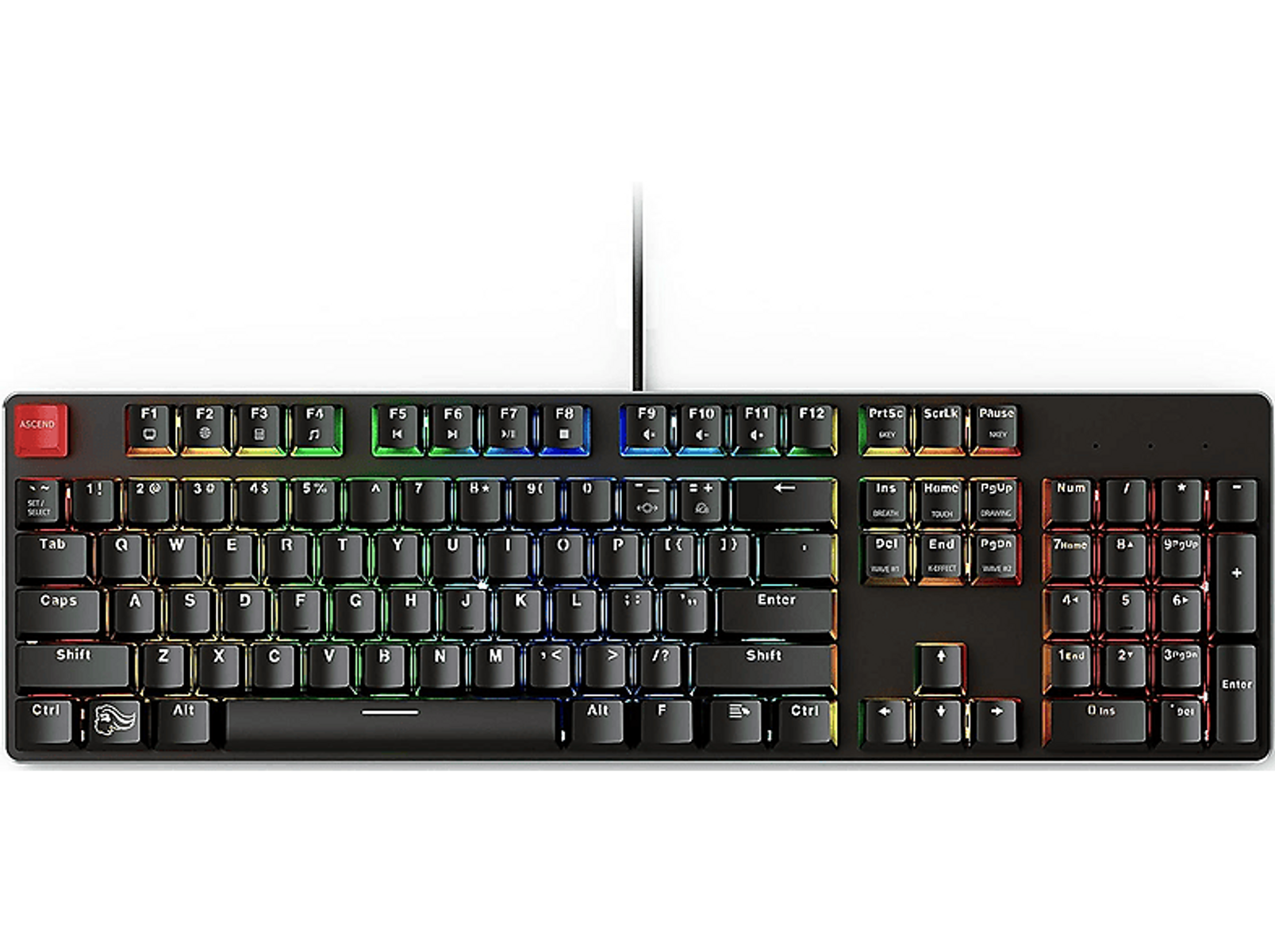 Czarna klawiatura z podświetlanymi tęczowymi klawiszami. Czerwony klawisz Escape i białe klawisze.