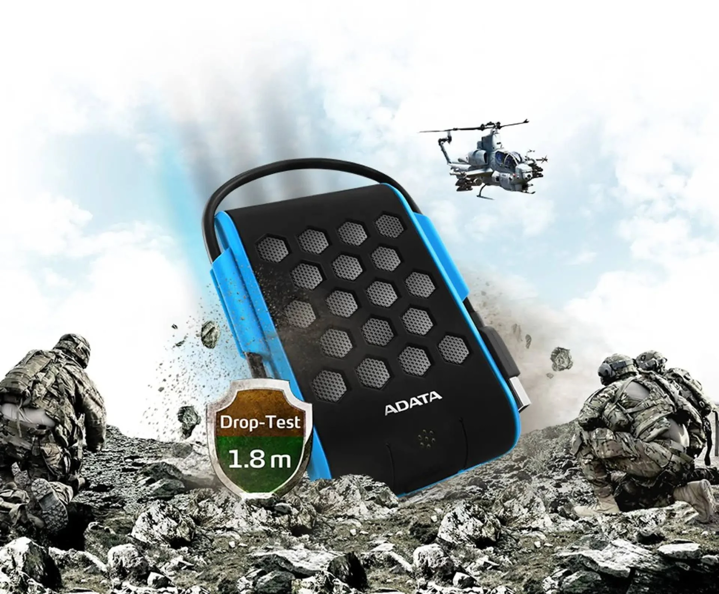 Czarny/niebieski zewnętrzny dysk twardy ADATA, scena militarna z helikopterem.