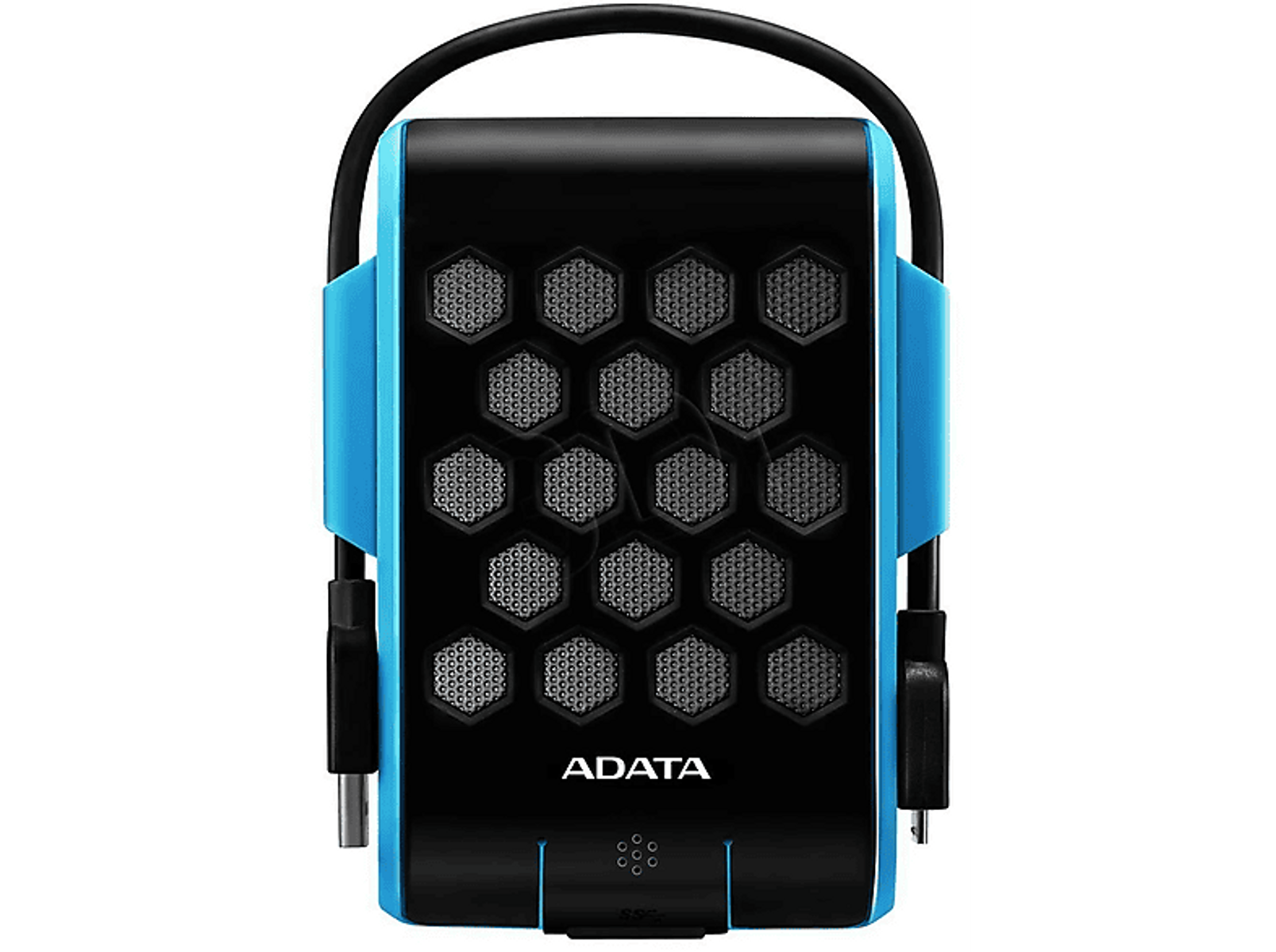 Niebieski i czarny zewnętrzny dysk twardy z wzorem plastra miodu i kablem USB. Czarne tło.