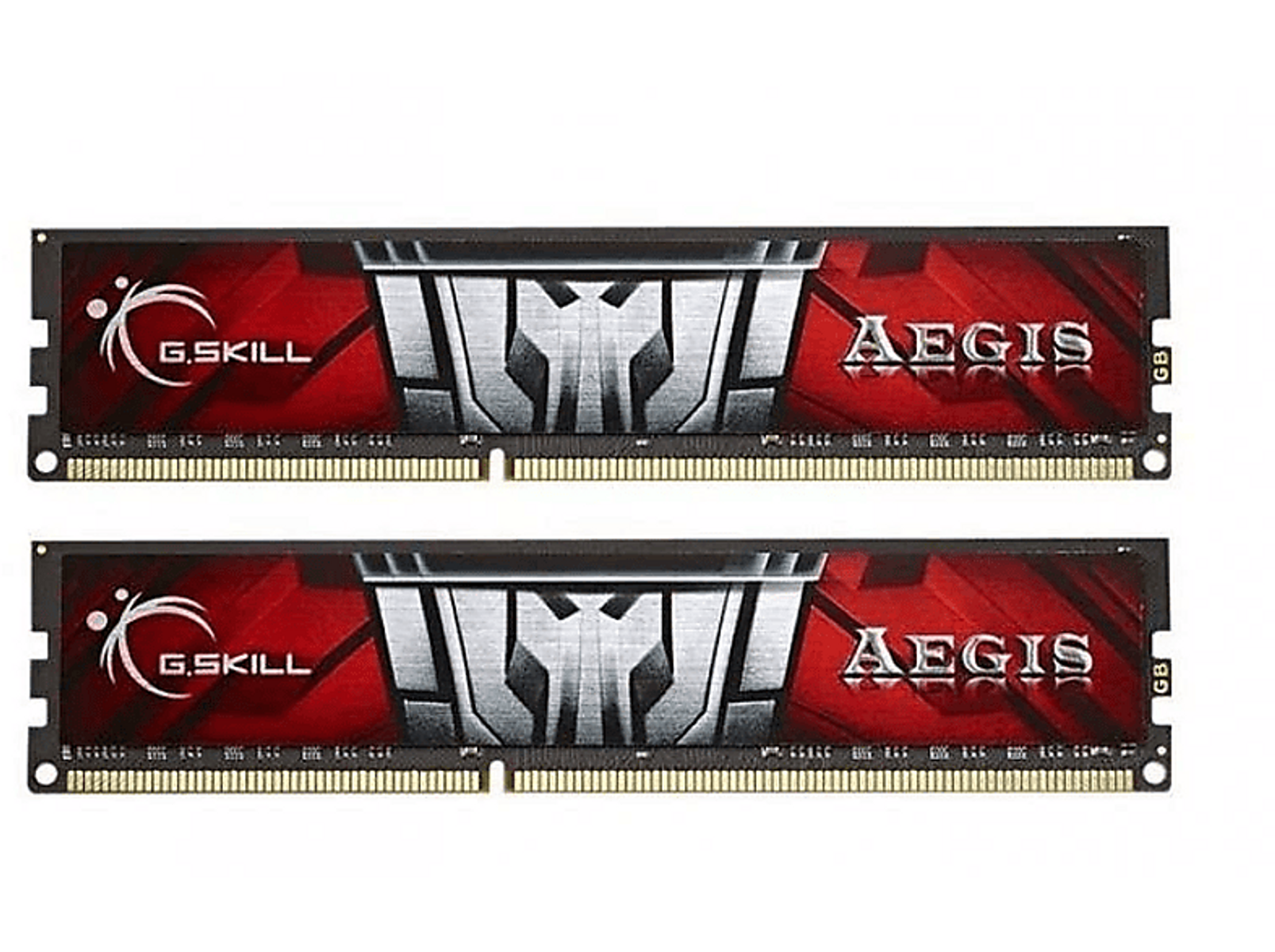 Dwa moduły RAM w czerwono-srebrnej szacie graficznej. Posiadają logo G.Skill i Aegis.