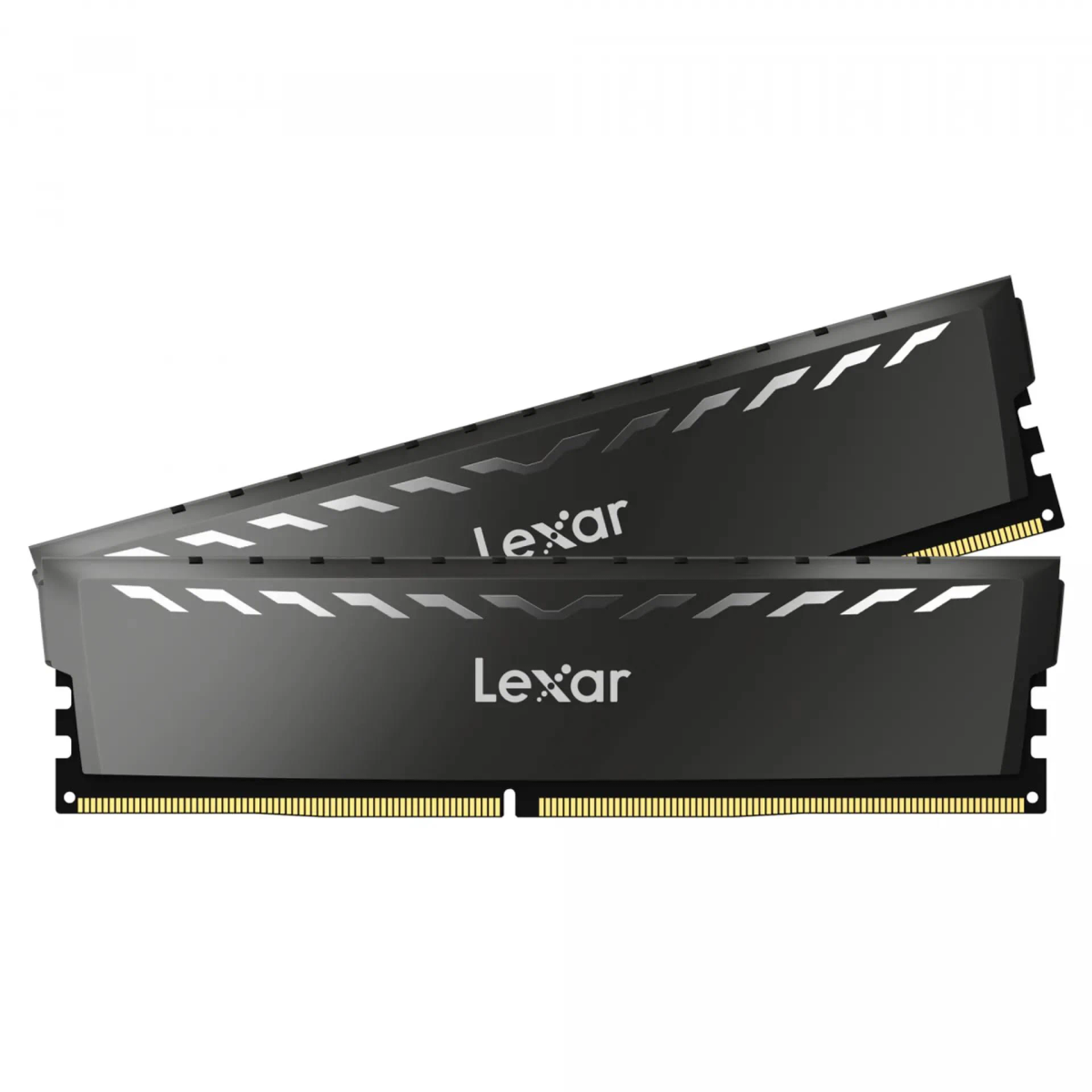 Zwei schwarze Lexar RAM-Speichersticks diagonal angeordnet. Lexar-Logo sichtbar.