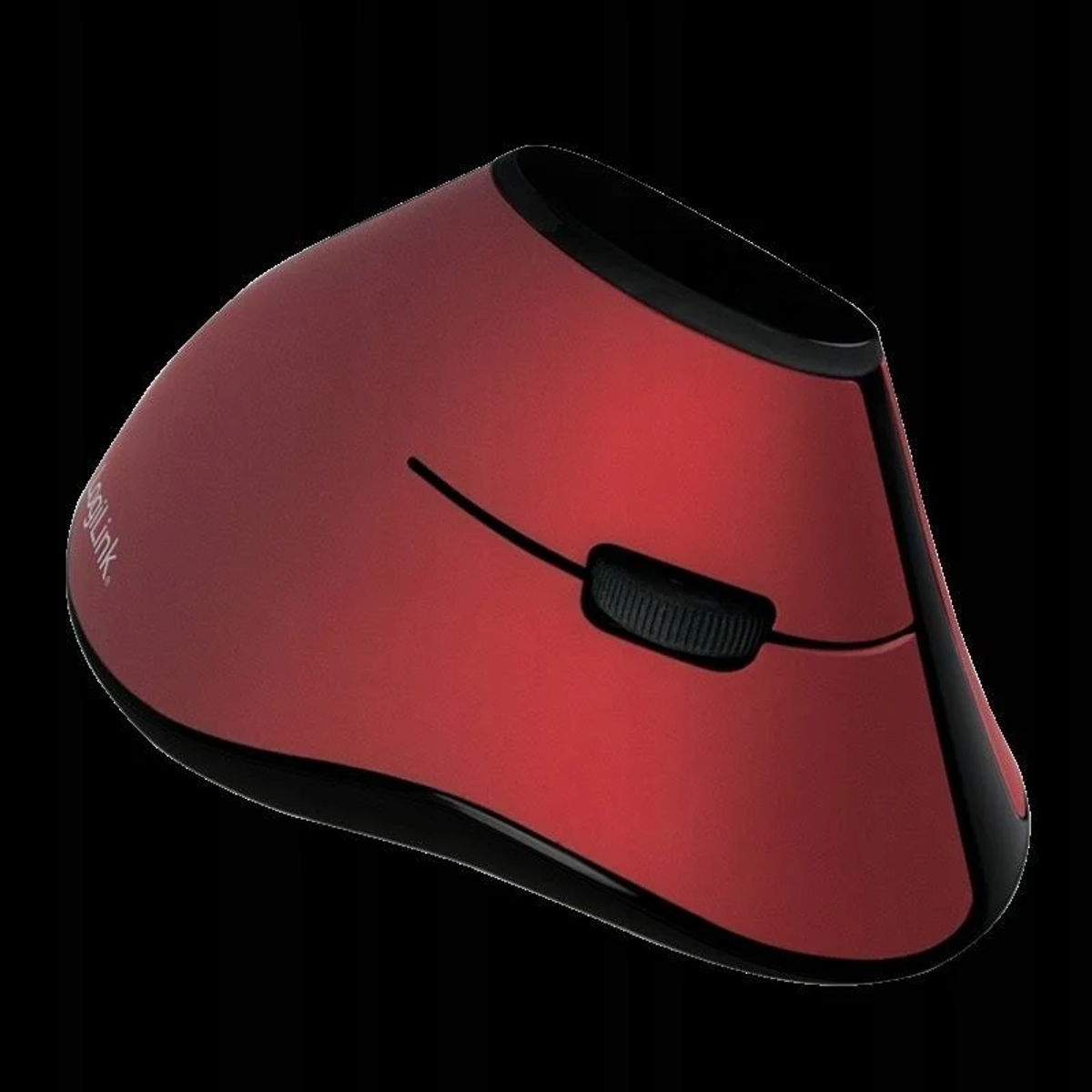 Czerwona mysz ergonomiczna. Czarne kółko przewijania. Czarne tło. Marka widoczna.