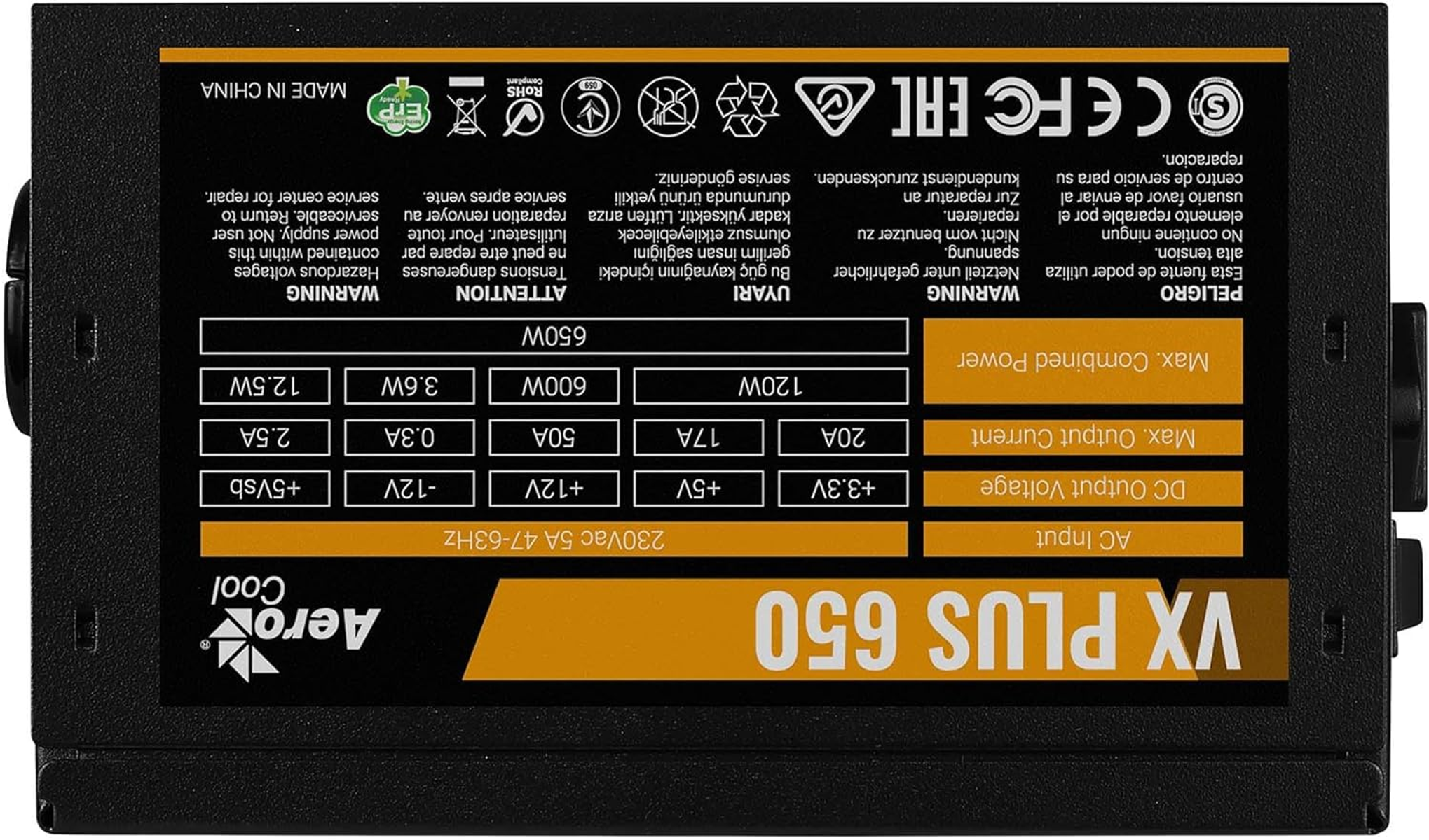 Un alimentatore per computer nero con etichette arancioni. Mostra le informazioni di uscita.