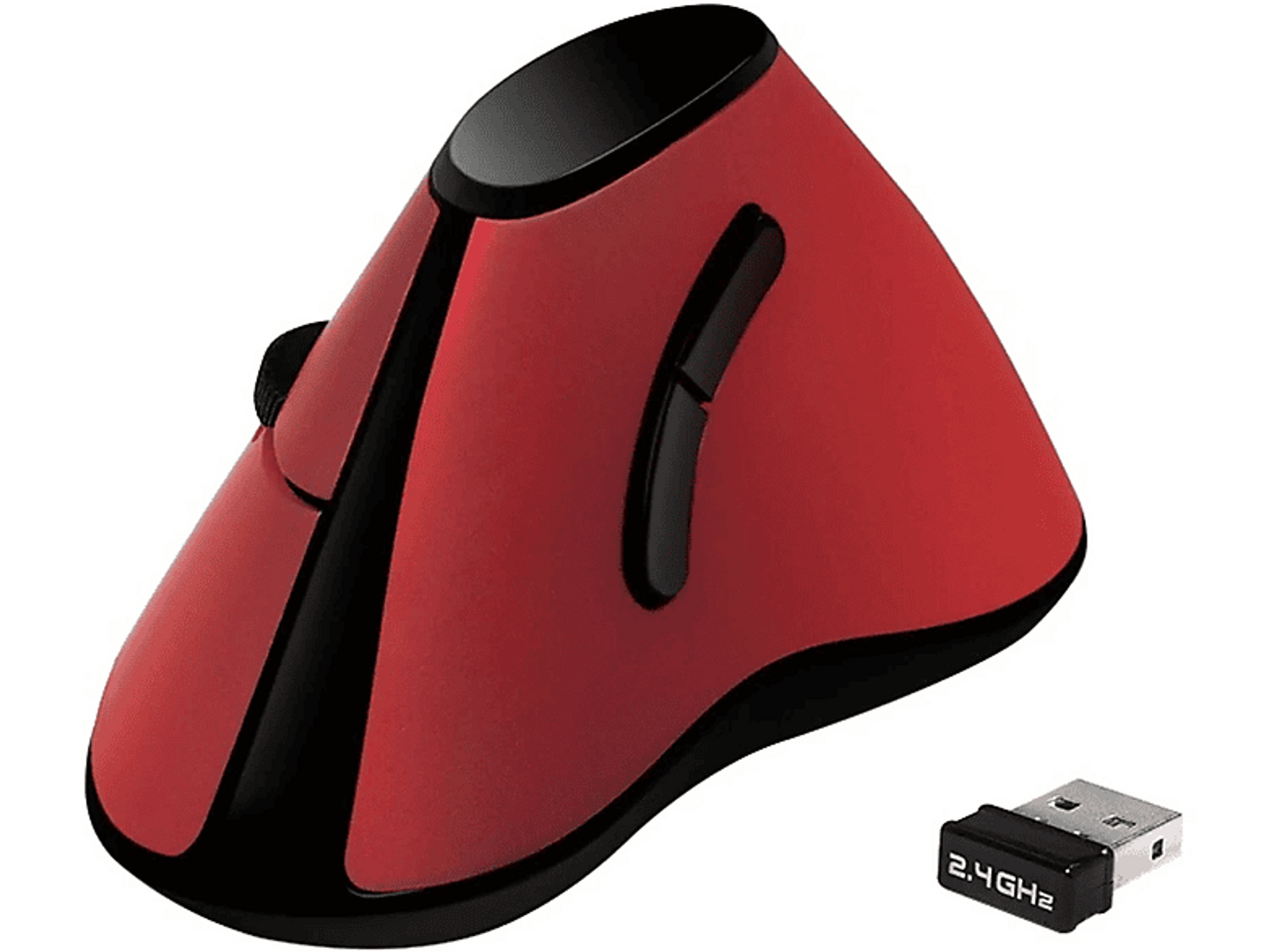 Czerwona ergonomiczna mysz z czarnymi akcentami i odbiornikiem USB 2,4 GHz.