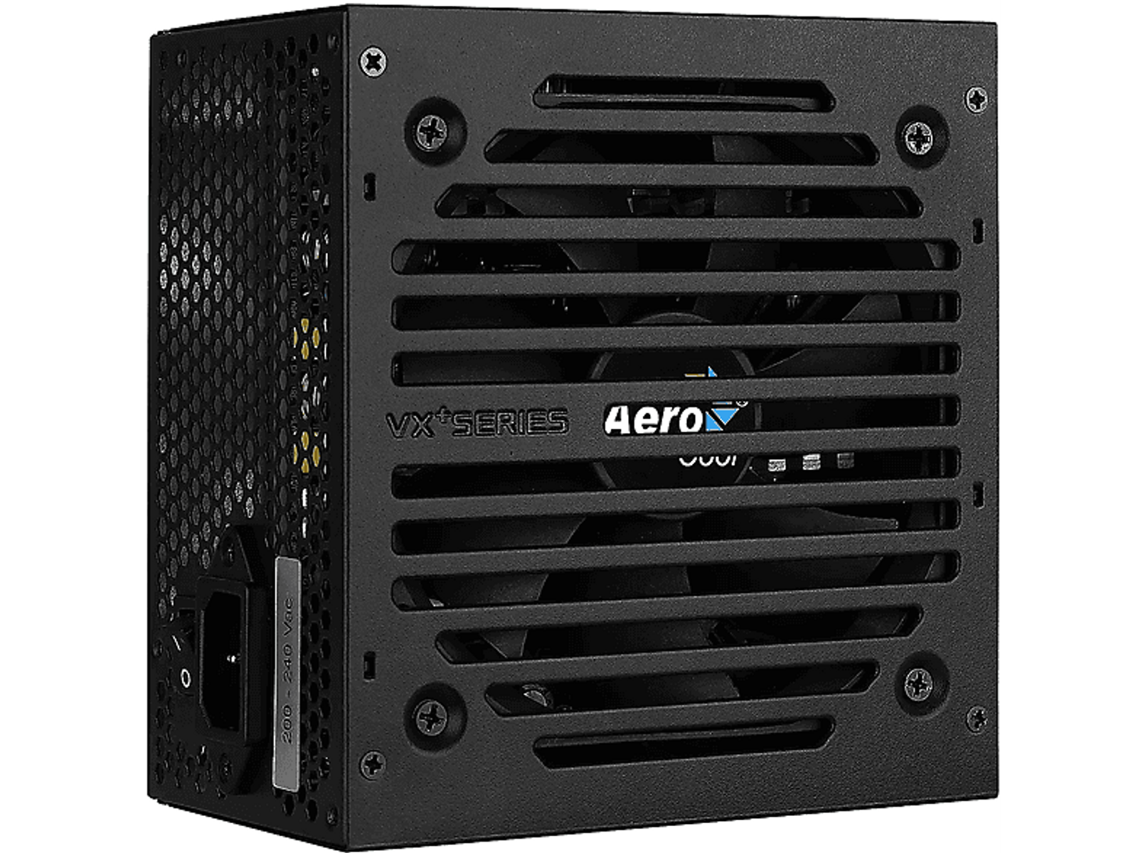 Alimentatore per computer nero con ventola. Ha una griglia con un logo. Sfondo scuro.