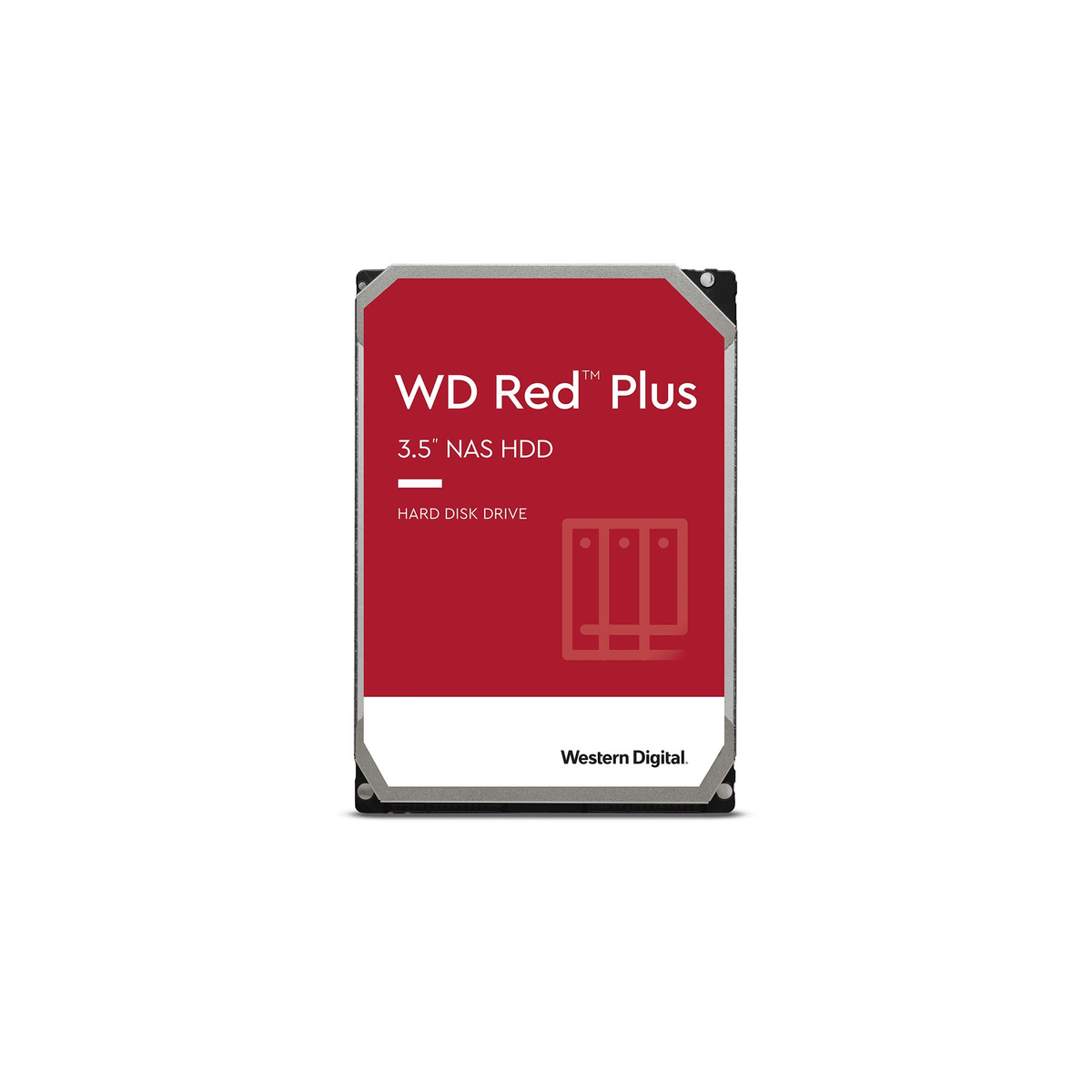 WD Red Plus 3.5" NAS HDD. Czerwona etykieta z białym tekstem i logo Western Digital.