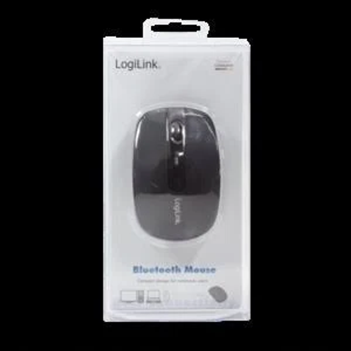 Een zwarte bluetooth-muis in een plastic verpakking, op een zwarte achtergrond.