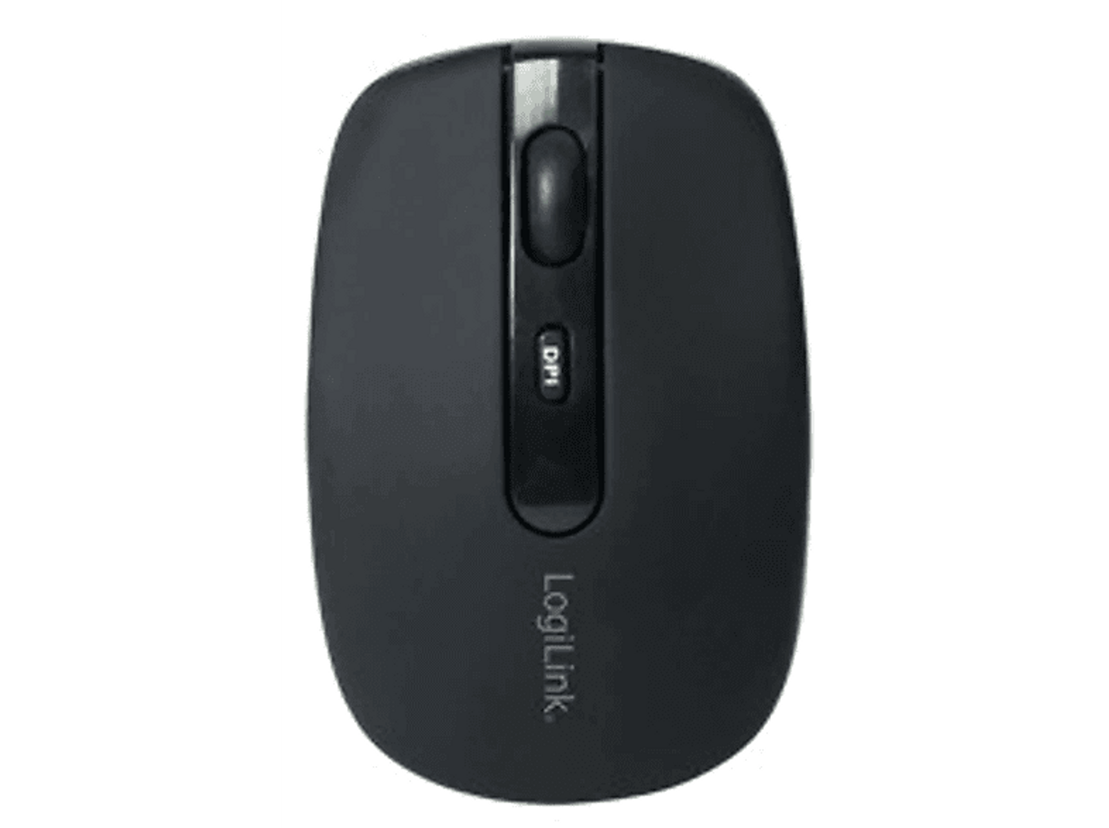 Zwarte computermuis met een scrollwiel en een DPI-knop. De merknaam is LogiLink.