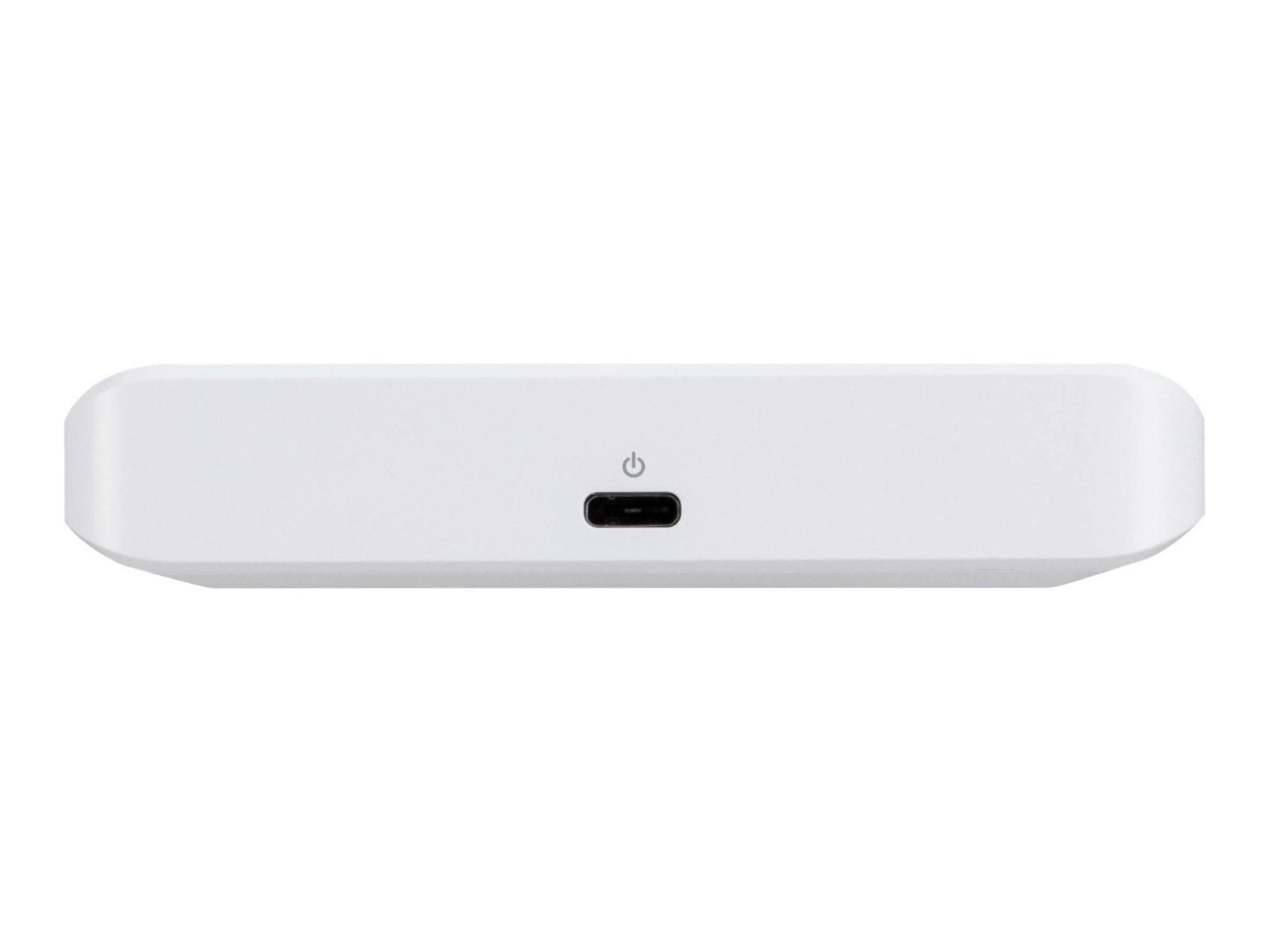 Appareil blanc avec un port USB-C à l'avant, isolé sur fond blanc.
