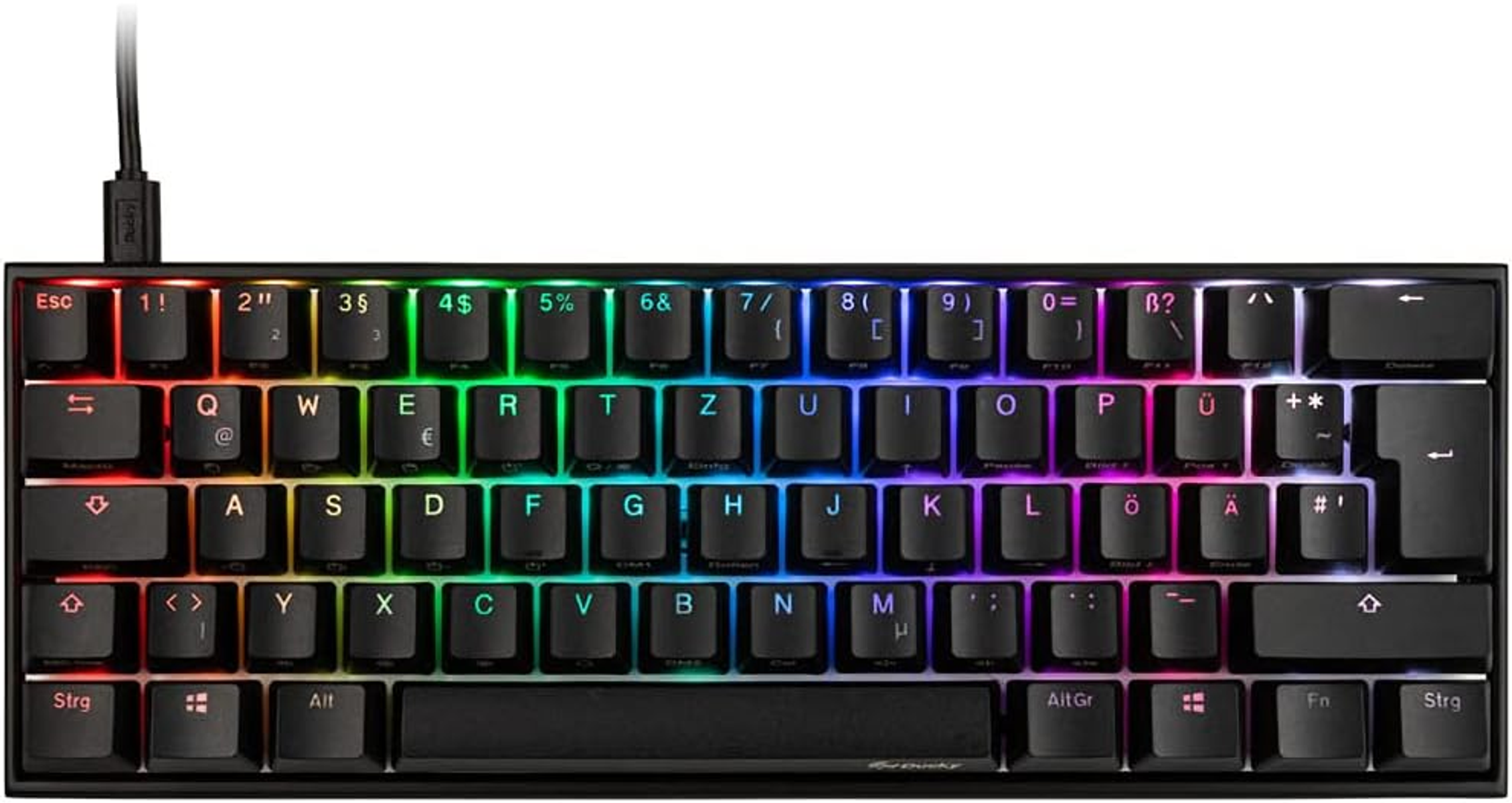 Schwarze mechanische Tastatur mit bunten LED-Leuchten, von oben gesehen.