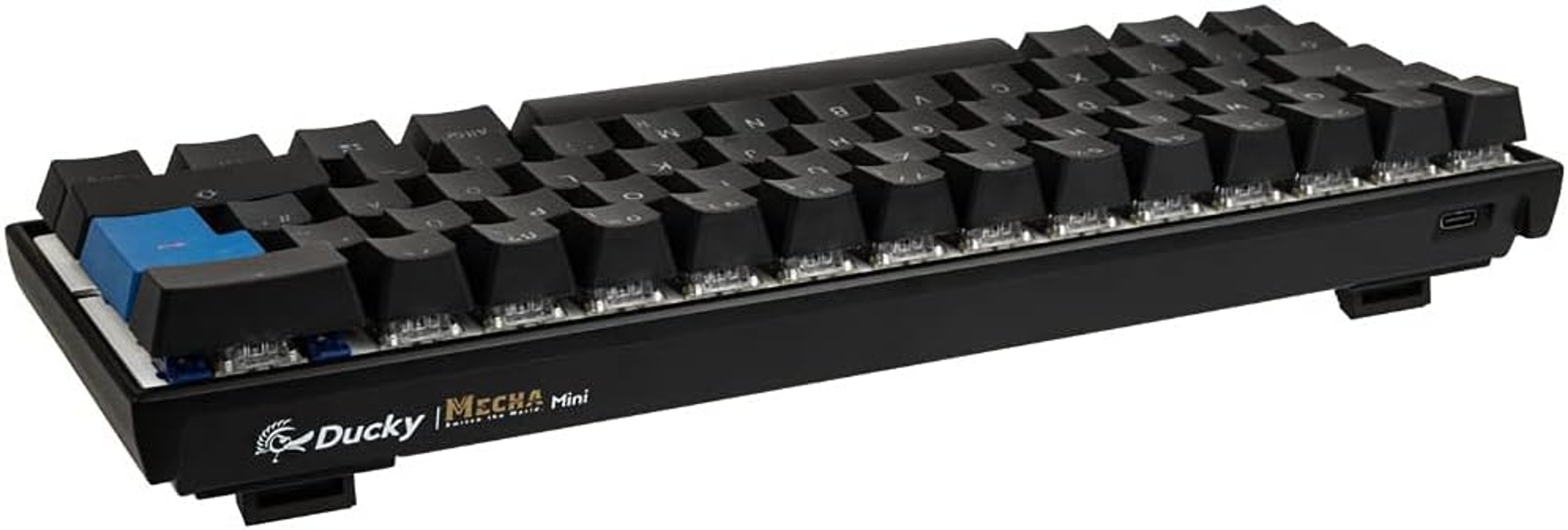 Schwarze Ducky Mecha Mini Tastatur mit blauer Escape-Taste und schwarzen Tasten.