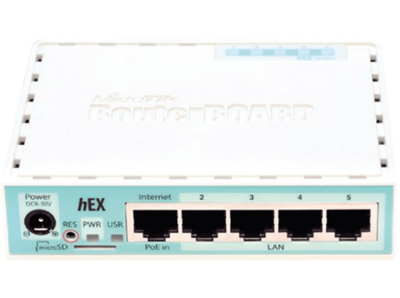 Biały router z portami i marką MicroTik na białym tle.