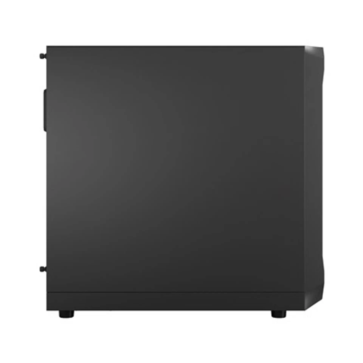 A solid black computer case. The case has a plain surface. The case is on a white surface.