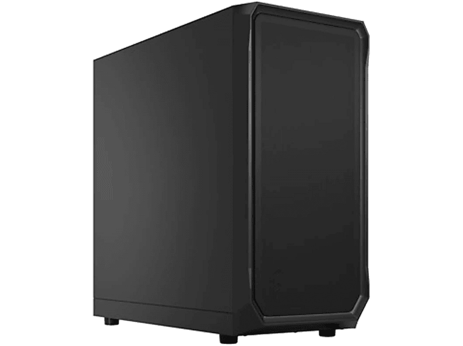 Black computer case. It is rectangular and has a simple, modern design.