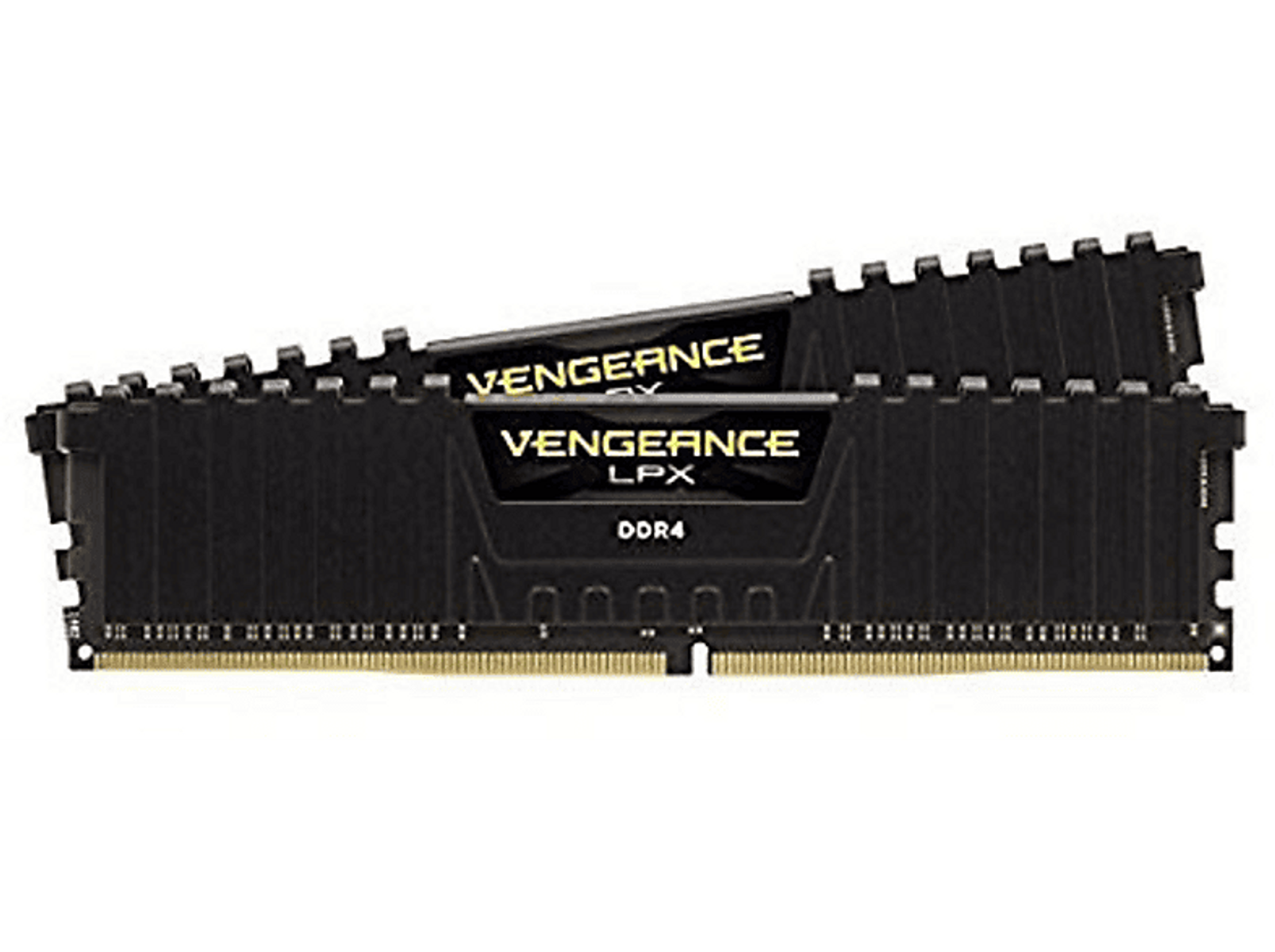 Dwa czarne moduły pamięci RAM z napisem "VENGEANCE LPX DDR4" na czarnym tle.