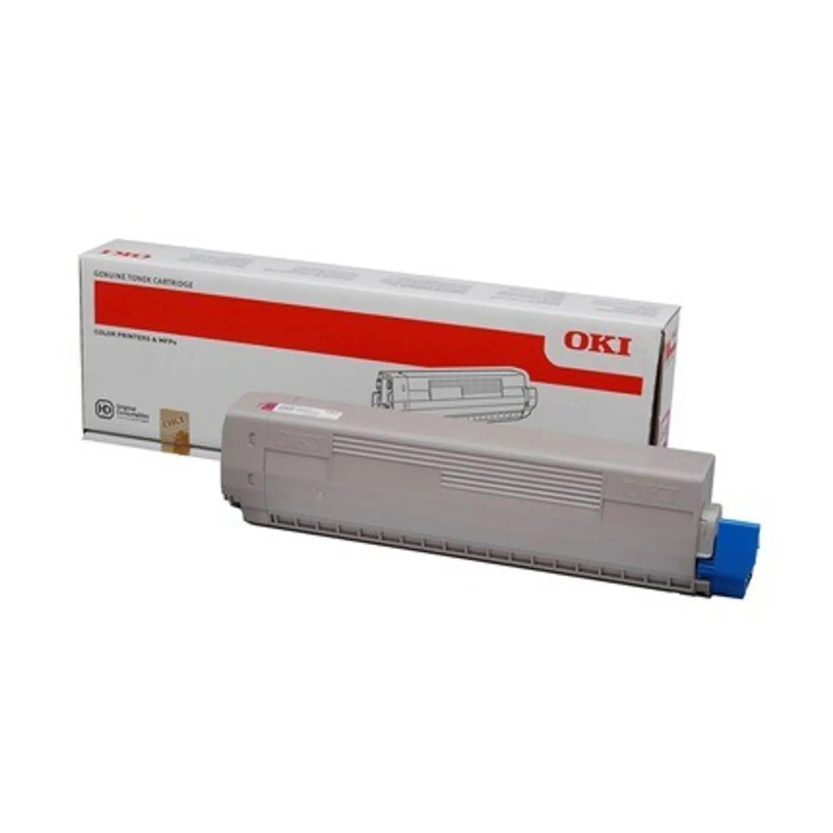 OKI tonercartridge en doos. Grijze cartridge met blauw uiteinde, en een witte doos met rode accenten.