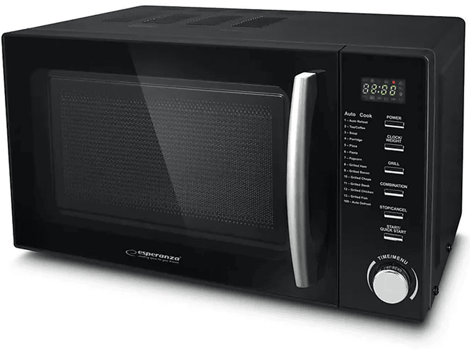 Czarna kuchenka mikrofalowa z wyświetlaczem cyfrowym i srebrnym uchwytem, marka Esperanza.