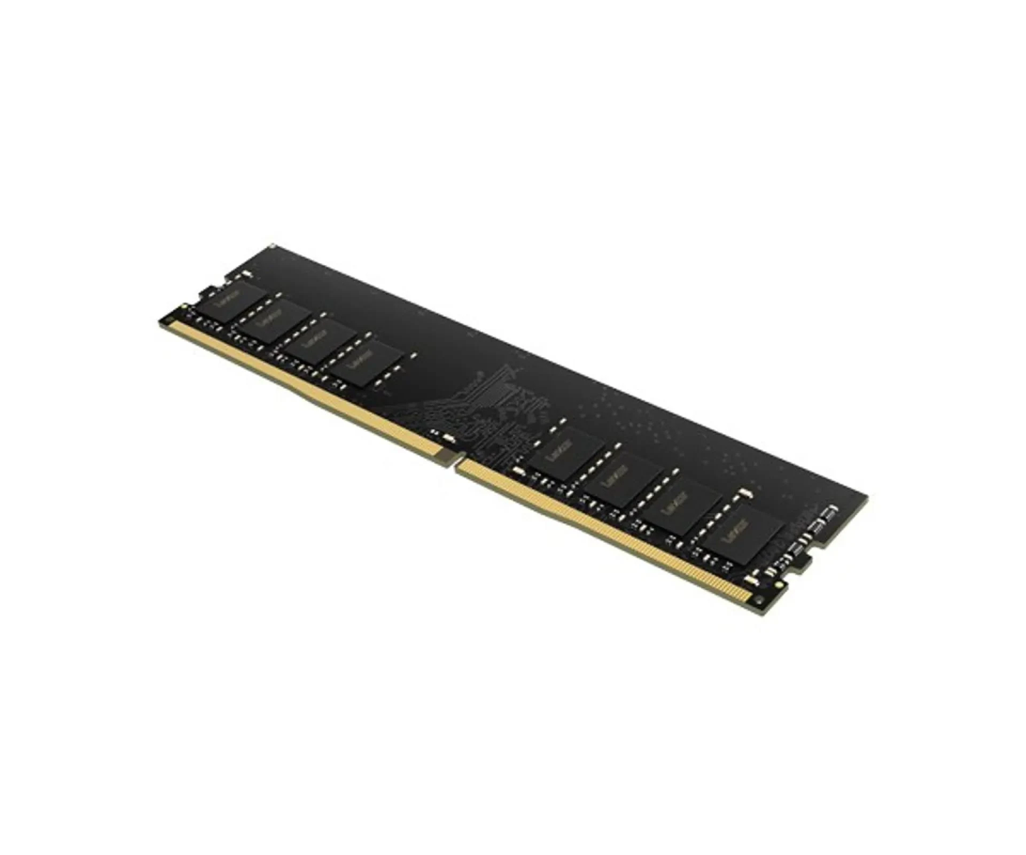 Barrette de RAM noire avec connecteurs dorés. Elle est sur un fond blanc.