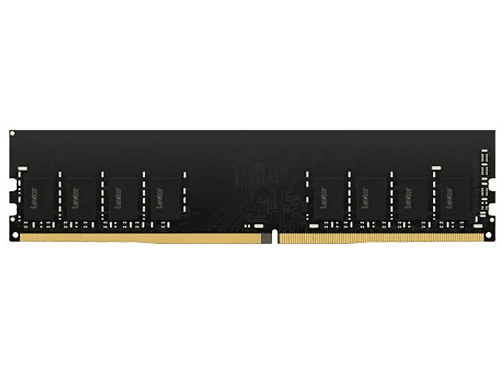 Barrette de RAM noire avec contacts dorés. La marque 'Lexar' est imprimée sur chaque puce.