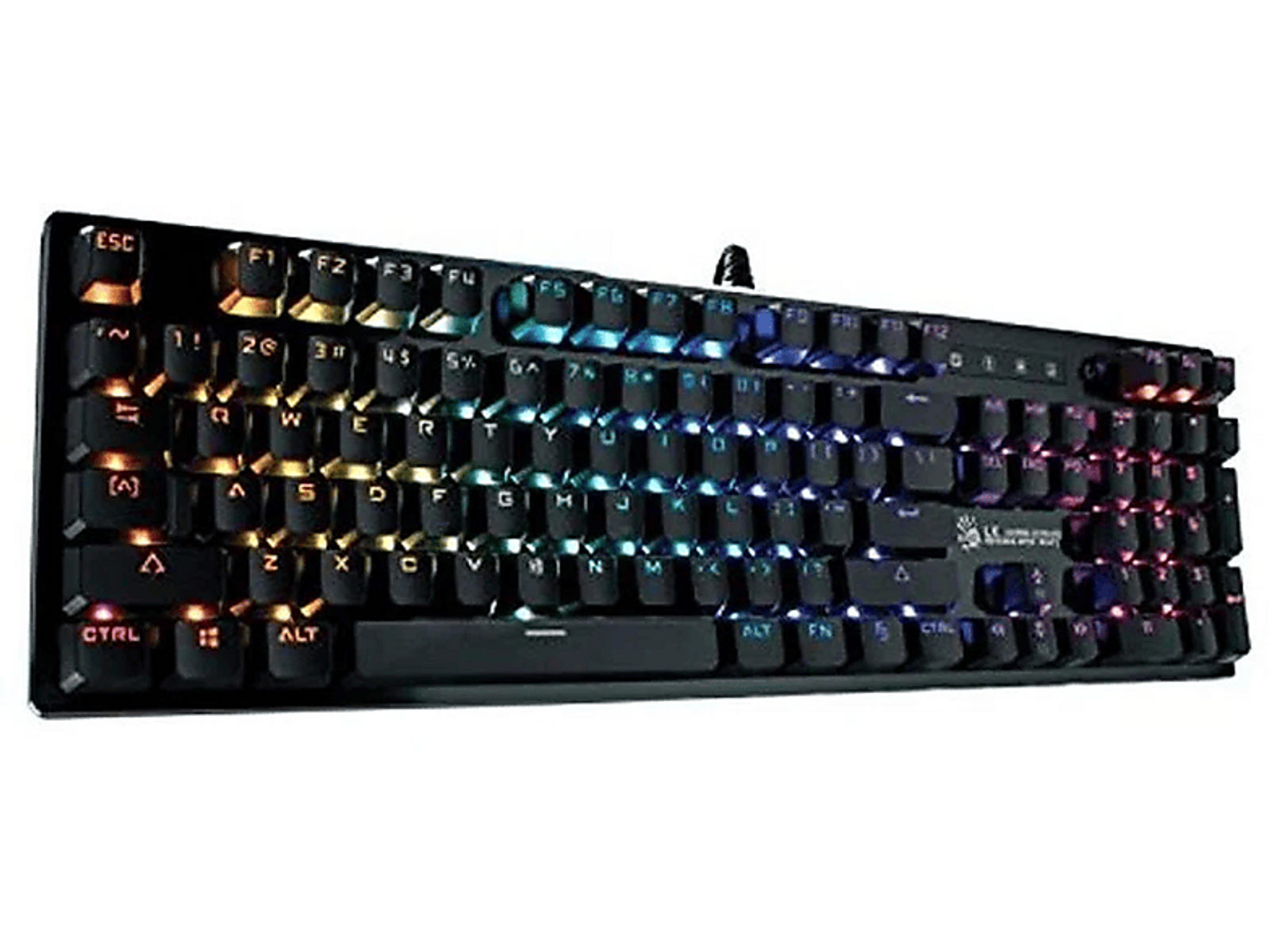 Tastiera nera con retroilluminazione arcobaleno. Tasti visibili con layout standard. Vista dall'alto, sfondo nero.
