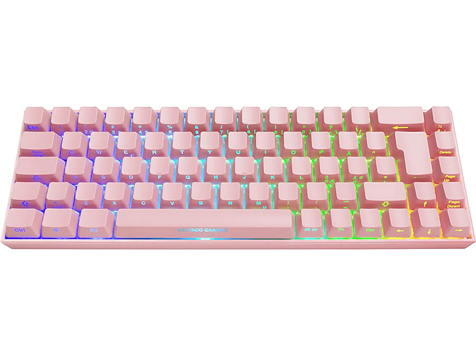 Rosa mechanische Tastatur. Sie hat rosa Tasten mit Regenbogenbeleuchtung.