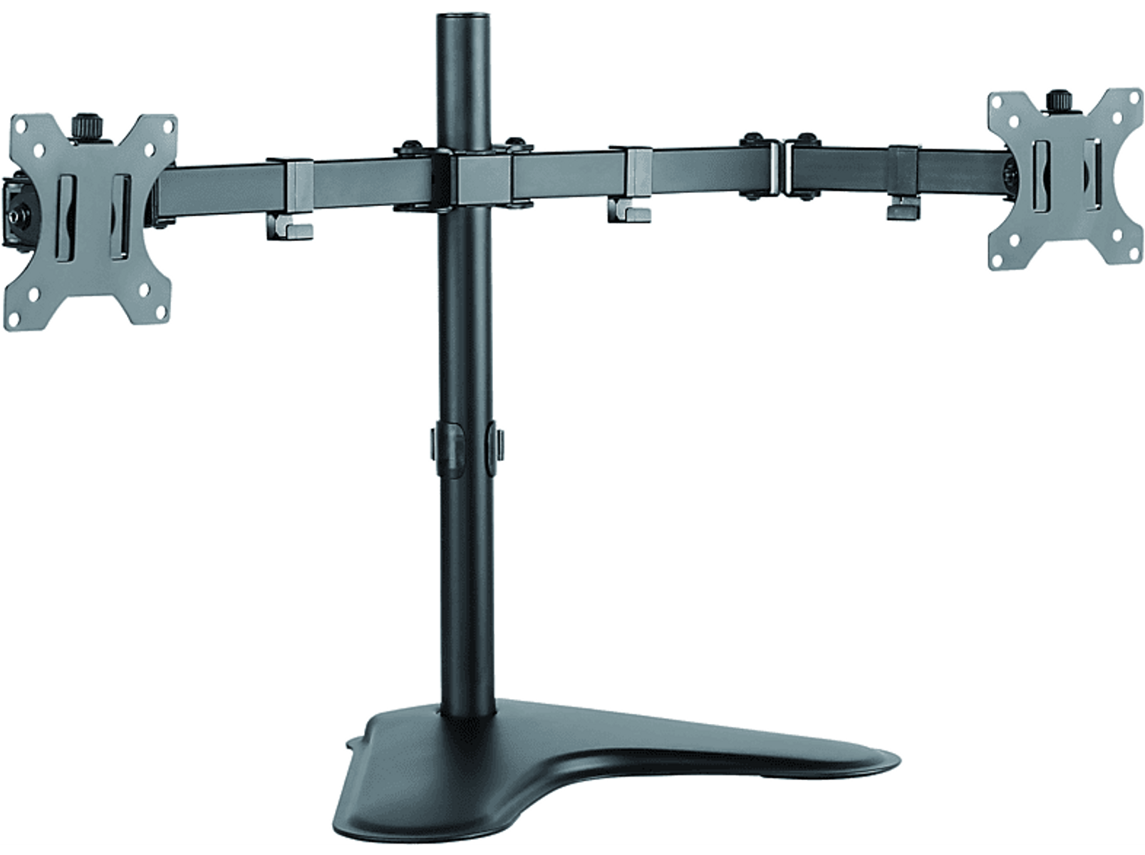 Supporto per doppio monitor con finitura nera, tiene due monitor su sfondo bianco.