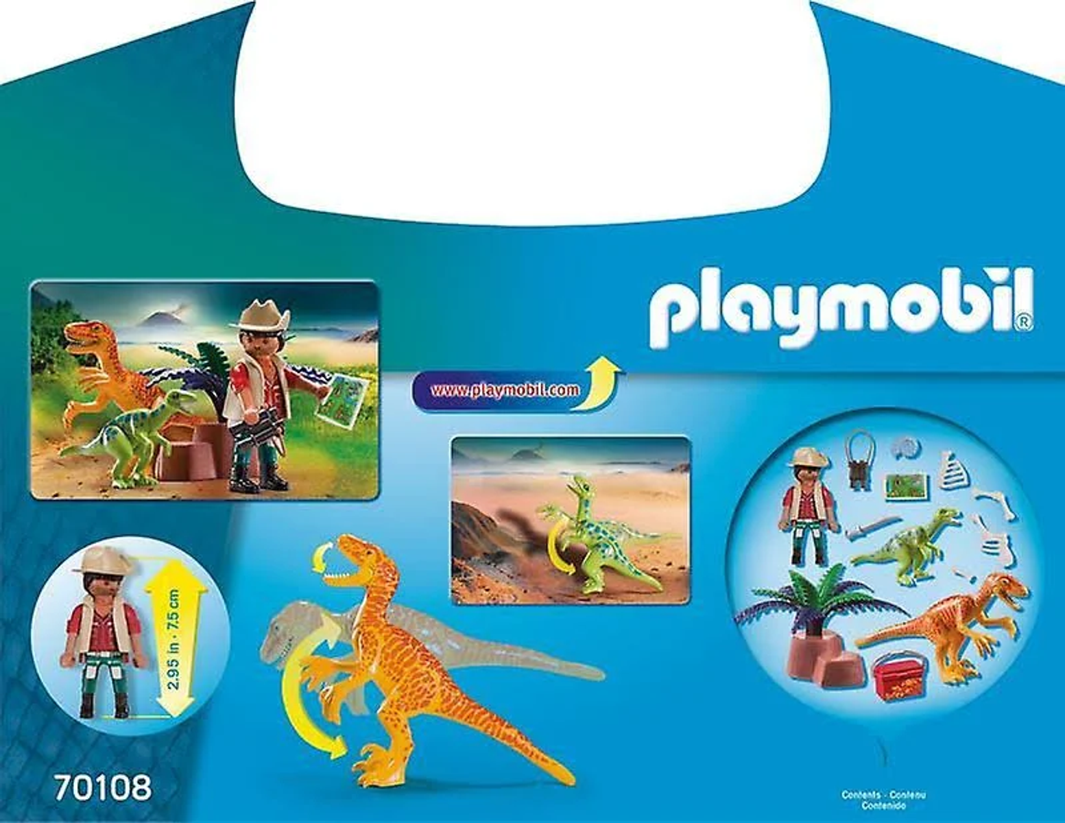 Scatola di giocattoli di dinosauri Playmobil con immagini di dinosauri.