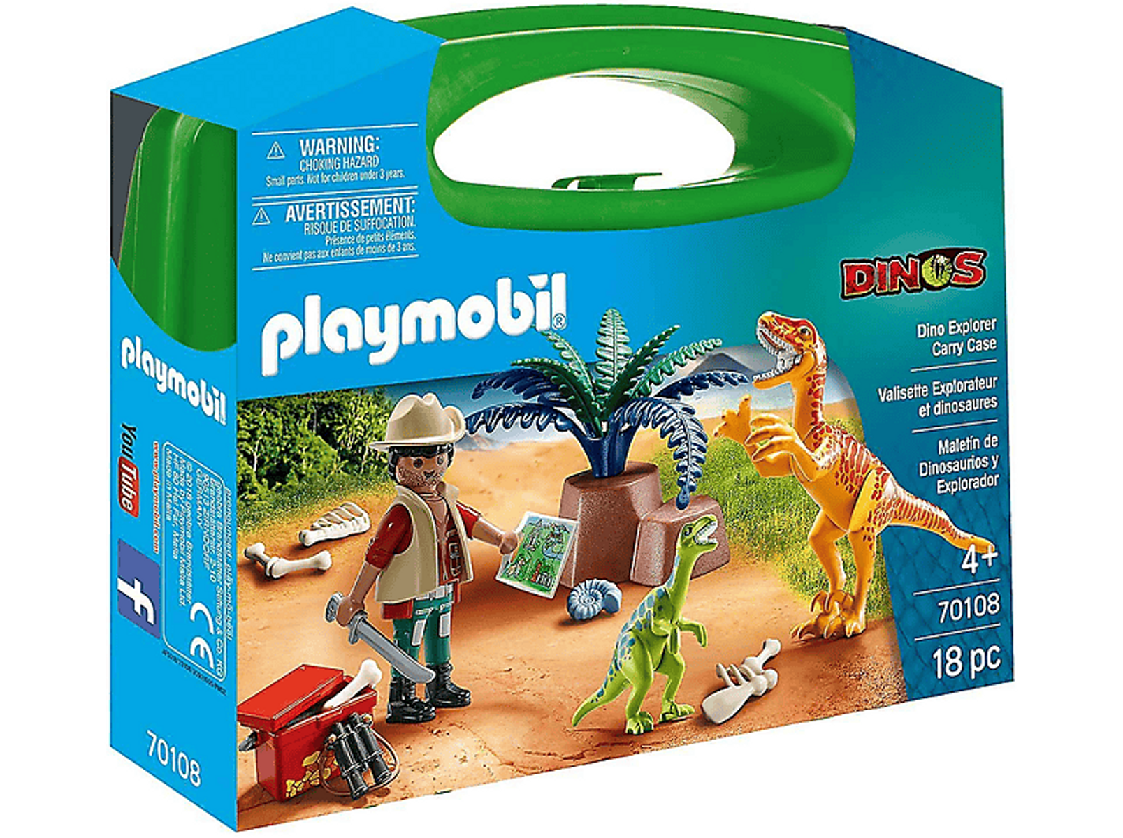 Scatola Playmobil Dino Explorer. Un uomo e due dinosauri. Una palma e altri accessori.