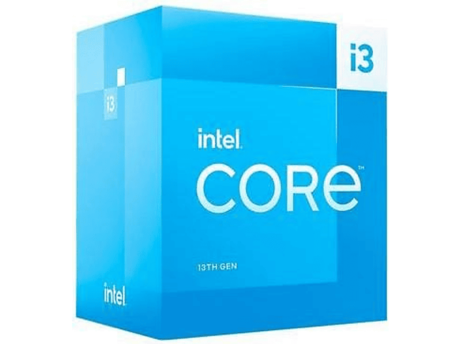 Blaue Intel Core i3 Prozessorbox mit weißen und blauen Farben.