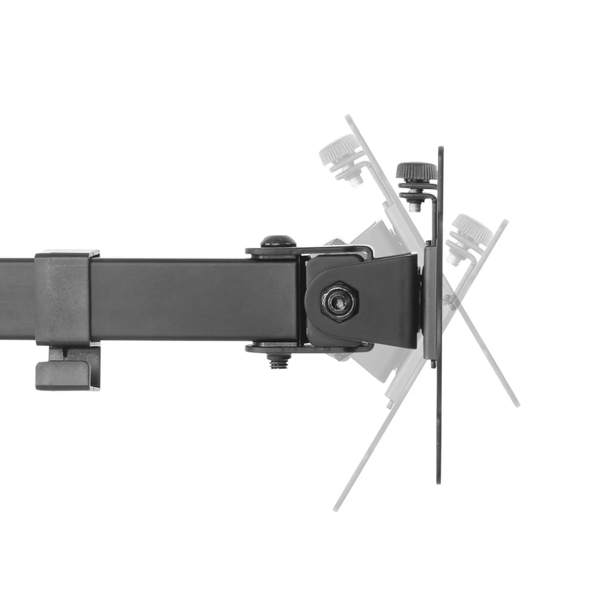 Schwarze, verstellbare TV-Halterung. Metallkonstruktion mit Montagearmen und Schrauben.