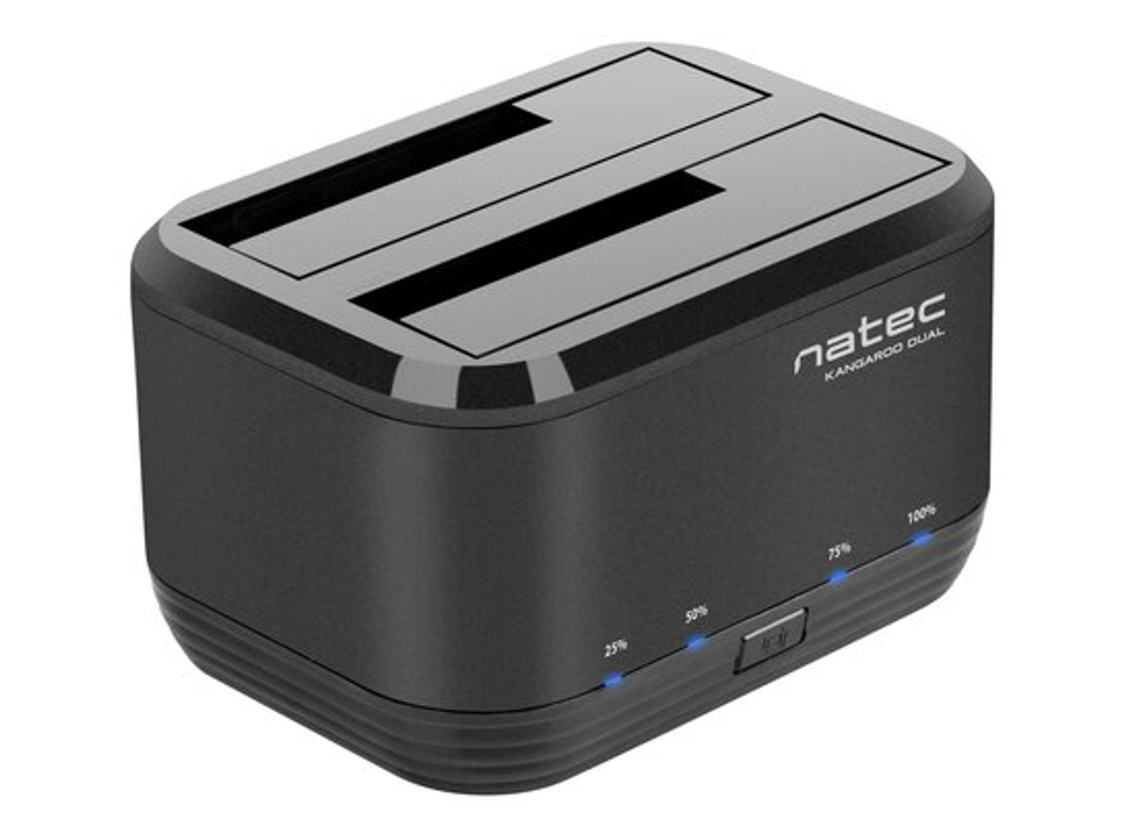 Dock per disco rigido Natec Kangaroo Dual nero con indicatori di livello di alimentazione e pulsante di accensione.