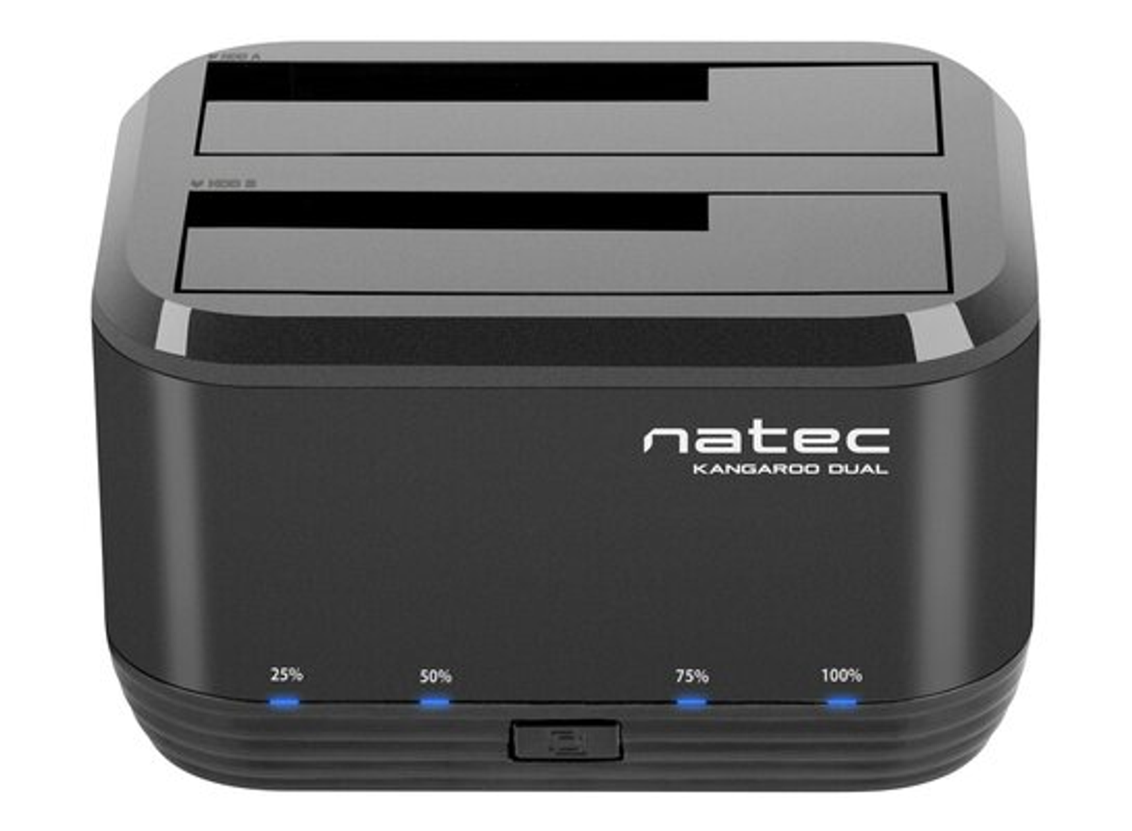 Dock Natec Kangaroo Dual nero con 2 slot, indicatori LED e pulsante di accensione. Design nero pieno.