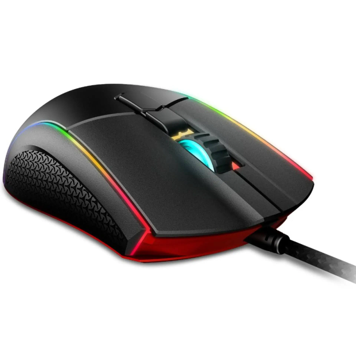 Mouse da gioco nero con luci colorate. Ha un cavo e diversi pulsanti.